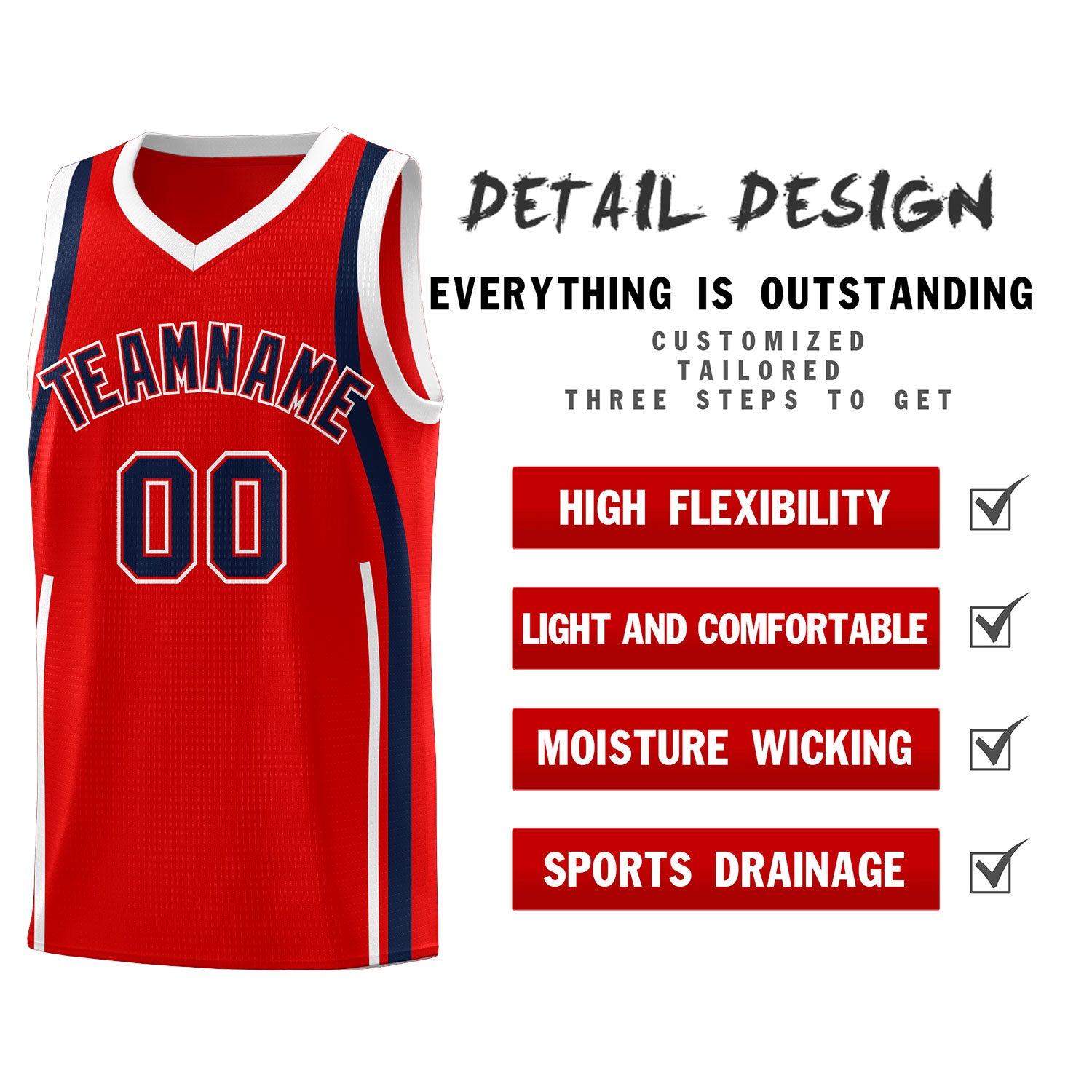 Custom Red Navy-White Ribbon Pattern Basketball Kits