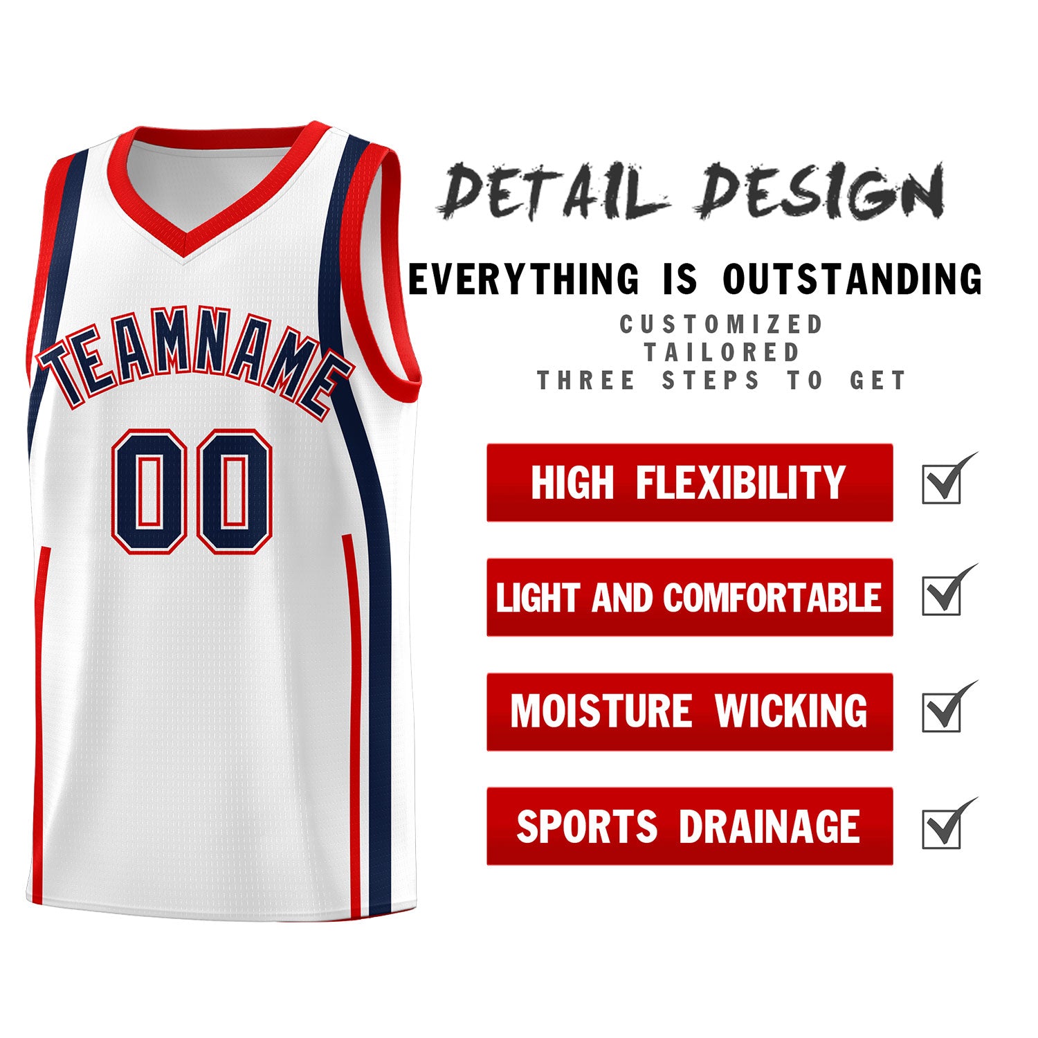 Custom White Navy-Red Ribbon Pattern Basketball Kits