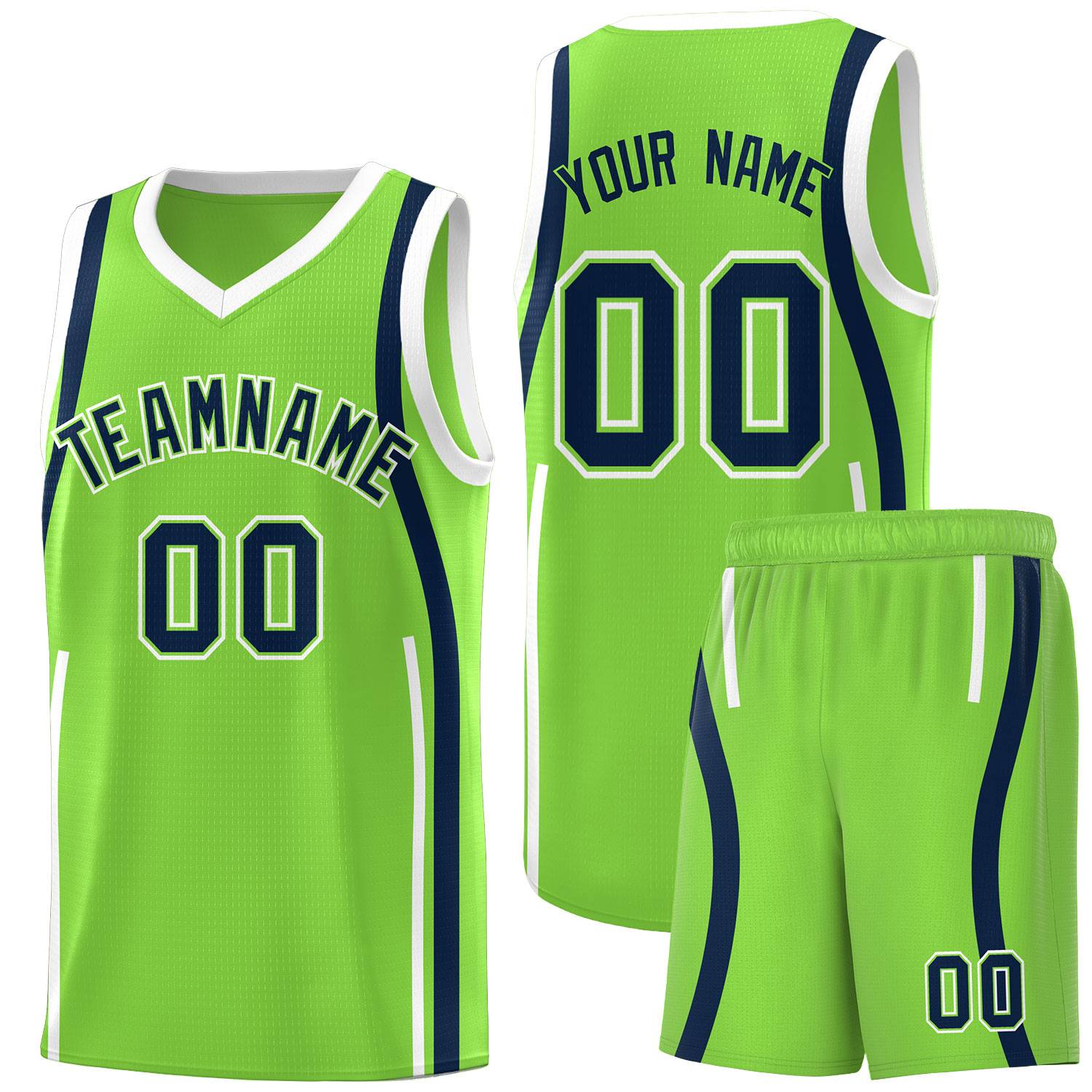 Custom Fluorescent Green Navy-White Ribbon Pattern Basketball Kits