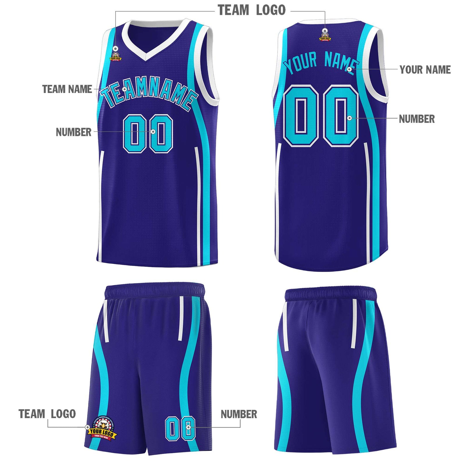 Custom Royal Sky Blue-White Ribbon Pattern Basketball Kits
