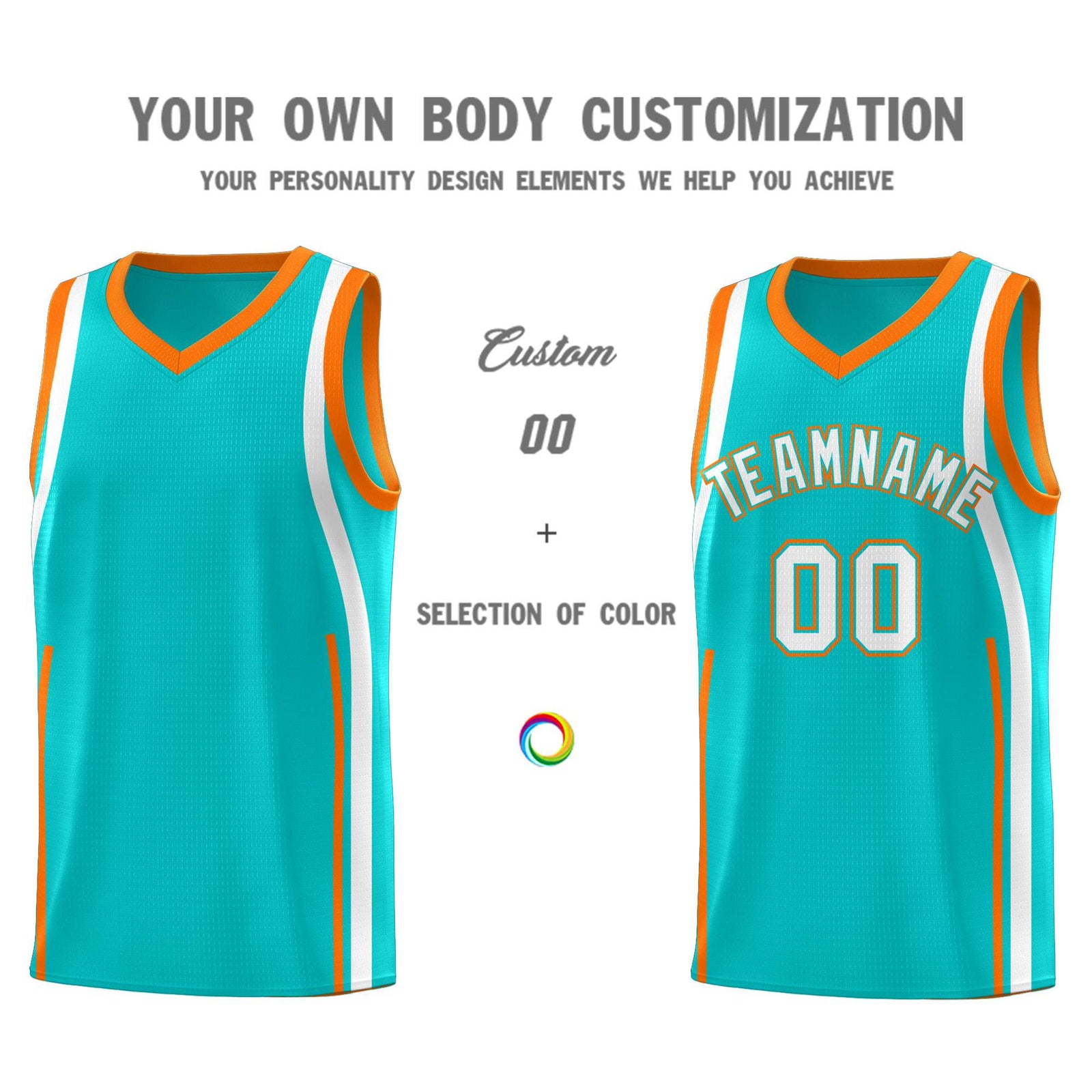 Custom Aqua Orange-White Ribbon Pattern Basketball Kits