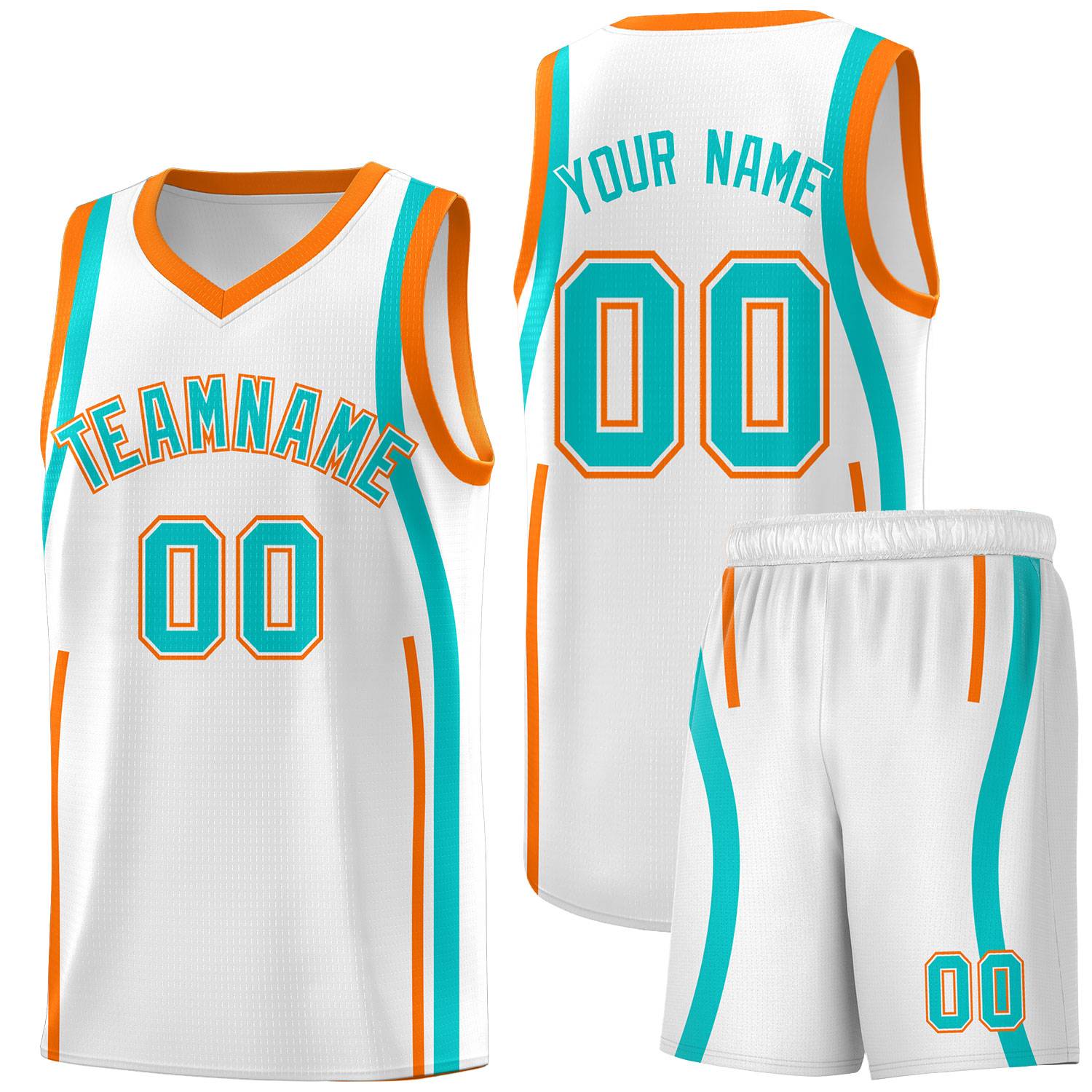 Custom White Aqua-Orange Ribbon Pattern Basketball Kits