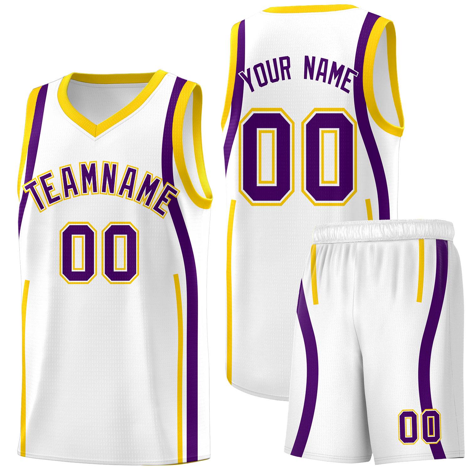 Custom White Purple-Gold Ribbon Pattern Basketball Kits