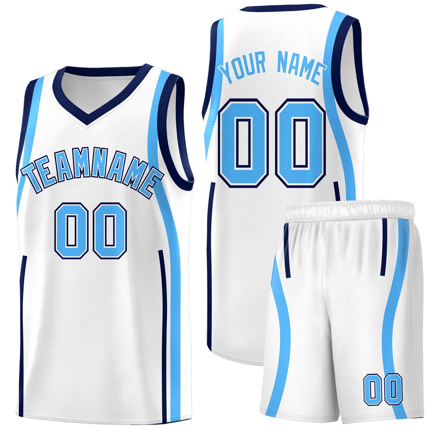 Custom White Powder Blue-Navy Ribbon Pattern Basketball Kits