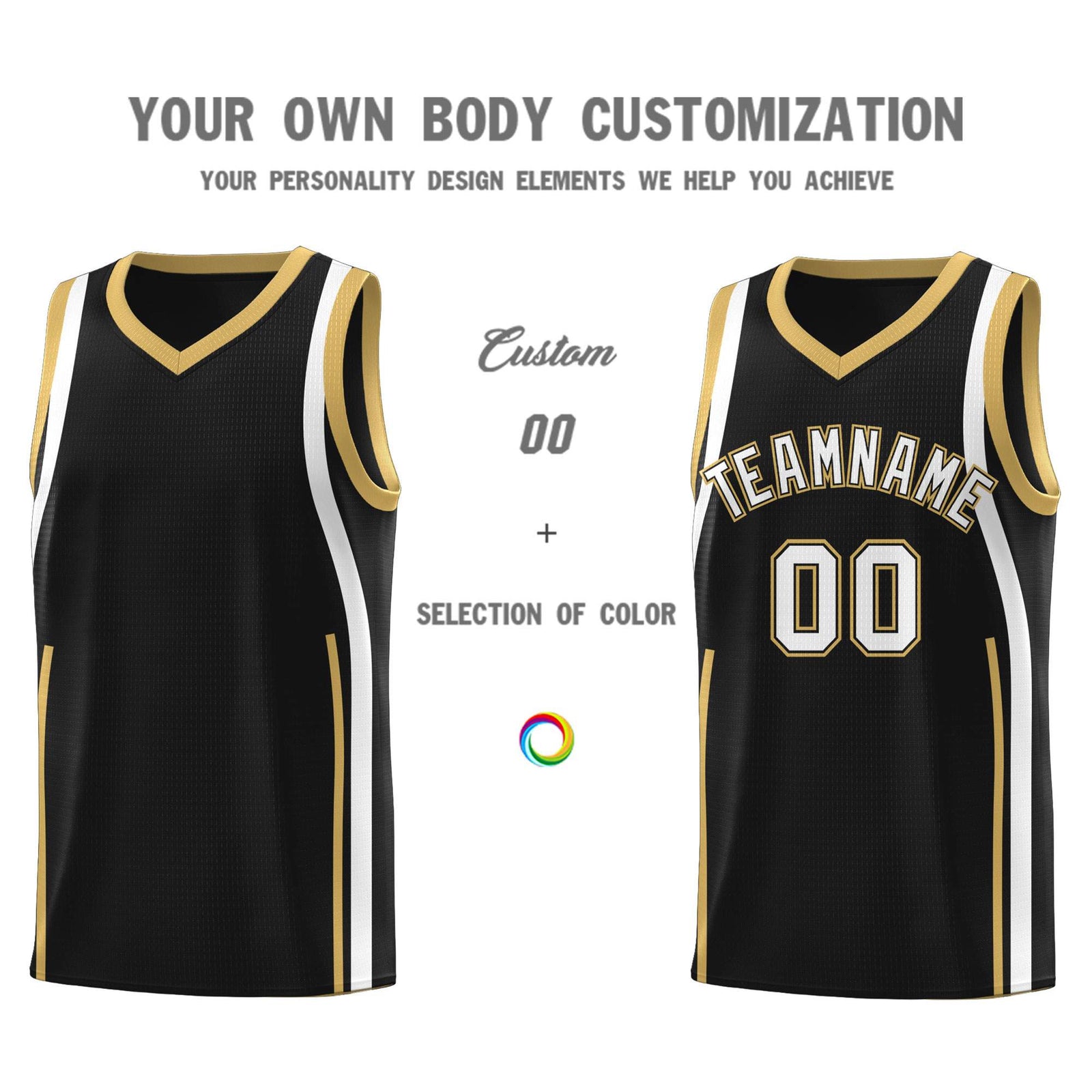 Custom Black Old Gold-White Ribbon Pattern Basketball Kits
