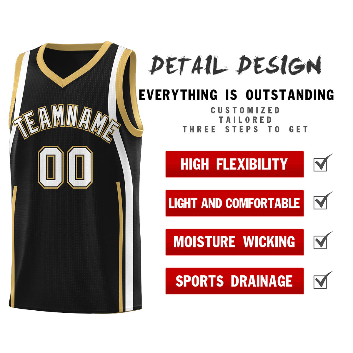 Custom Black Old Gold-White Ribbon Pattern Basketball Kits