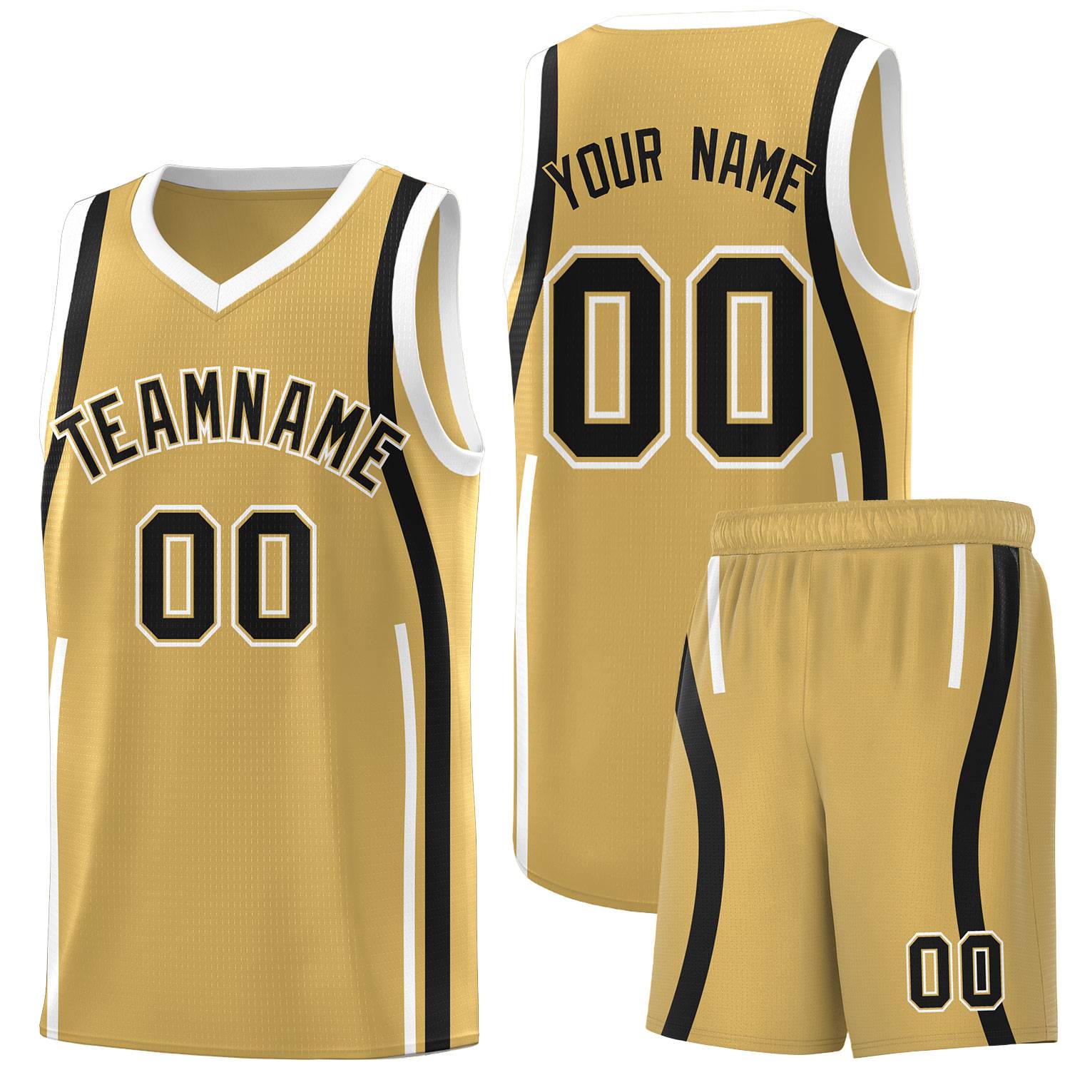 Custom Old Gold Black-White Ribbon Pattern Basketball Kits