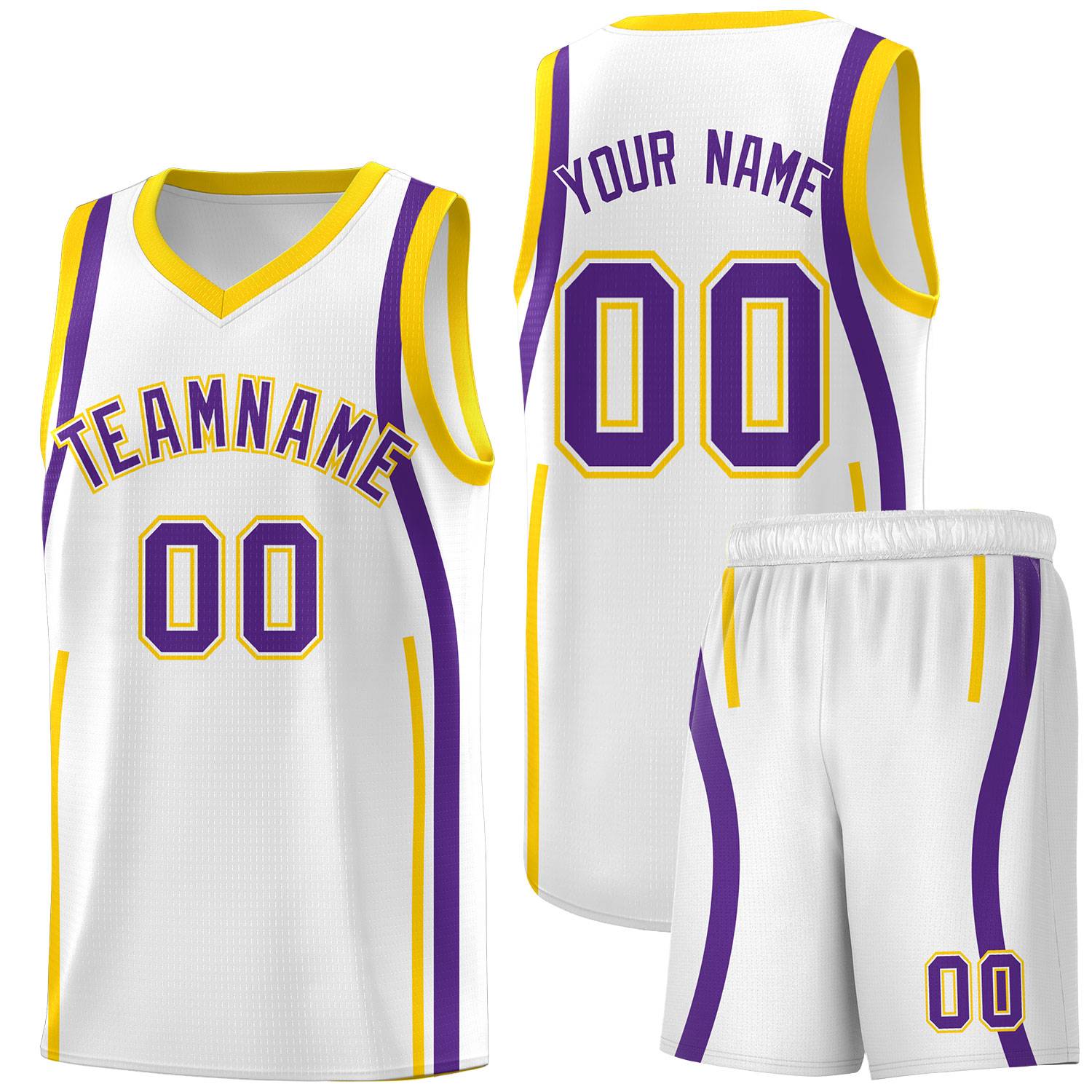 Custom White Gold-Purple Ribbon Pattern Basketball Kits