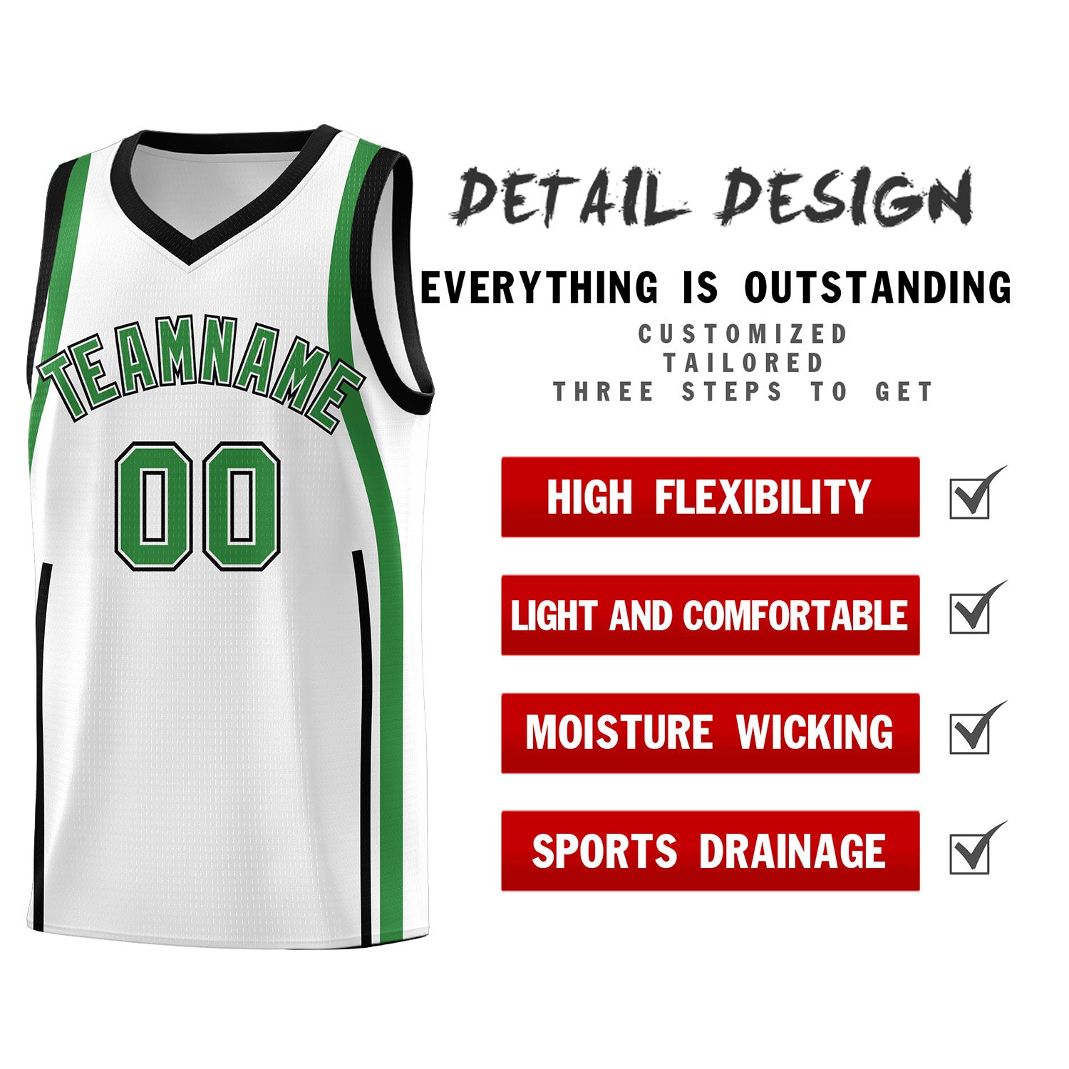 Custom White Kelly Green-White Ribbon Pattern Basketball Kits