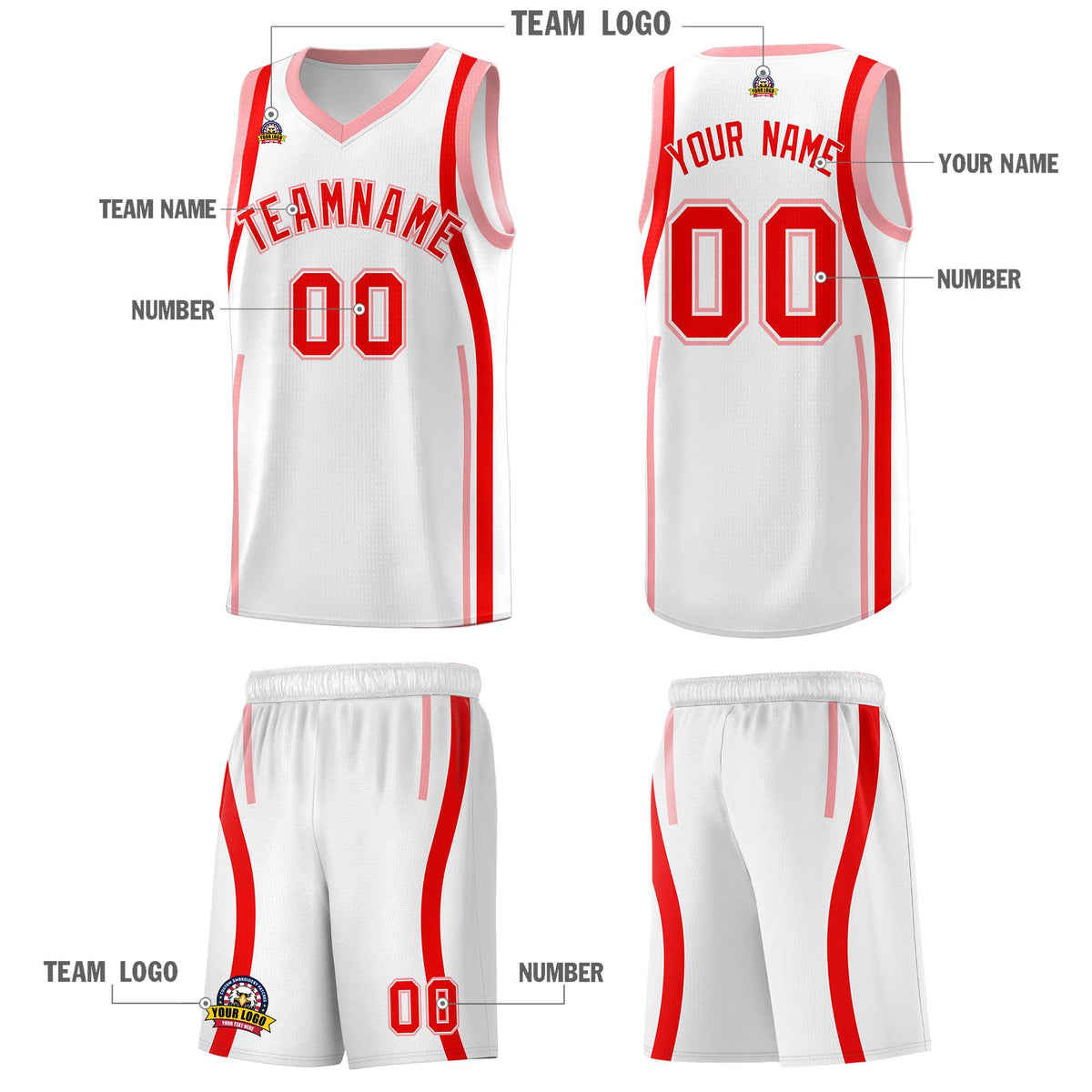 Custom White Light Red-Light Pink Ribbon Pattern Basketball Kits