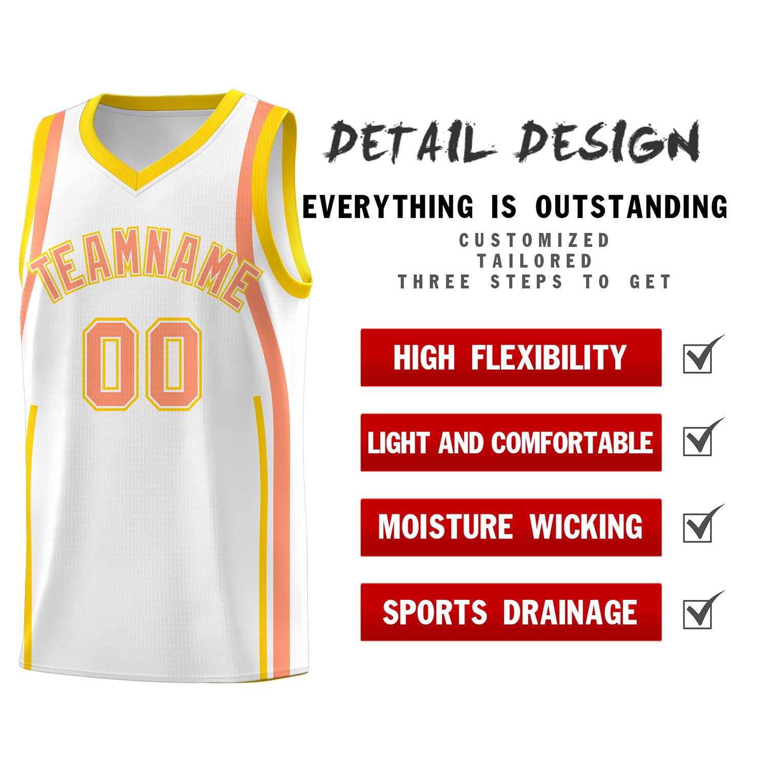 Custom White Light Orange-Gold Ribbon Pattern Basketball Kits