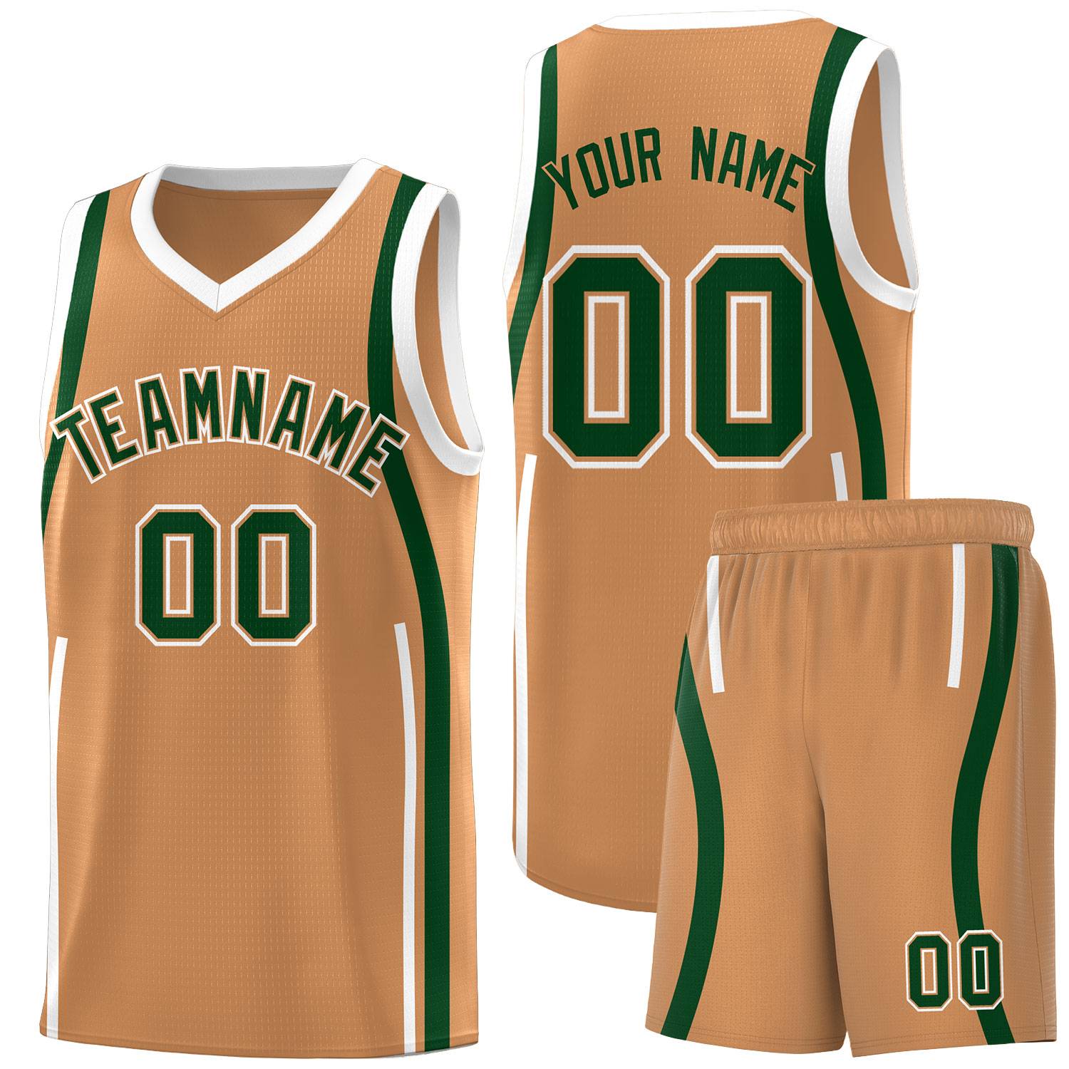 Custom Buckskin Brown Green-White Ribbon Pattern Basketball Kits