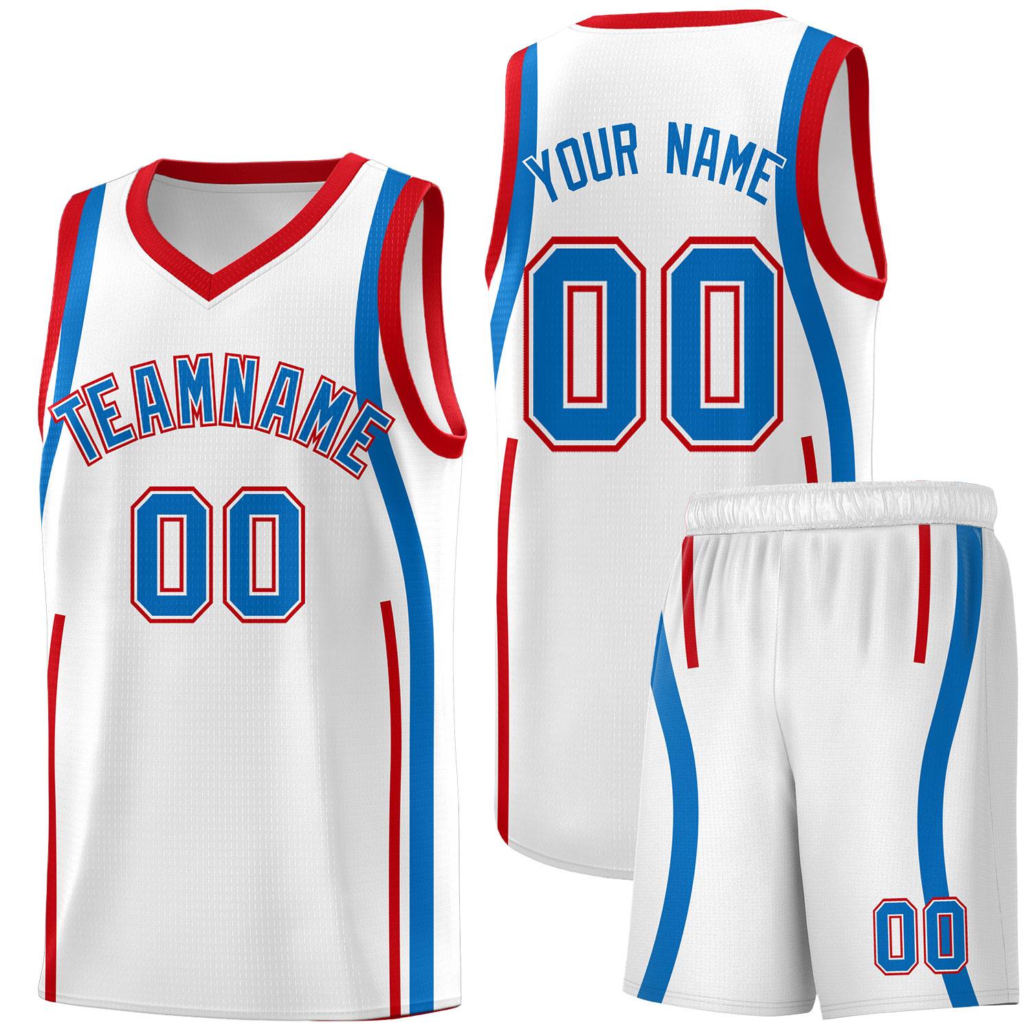 Custom White Royal-Red Ribbon Pattern Basketball Kits