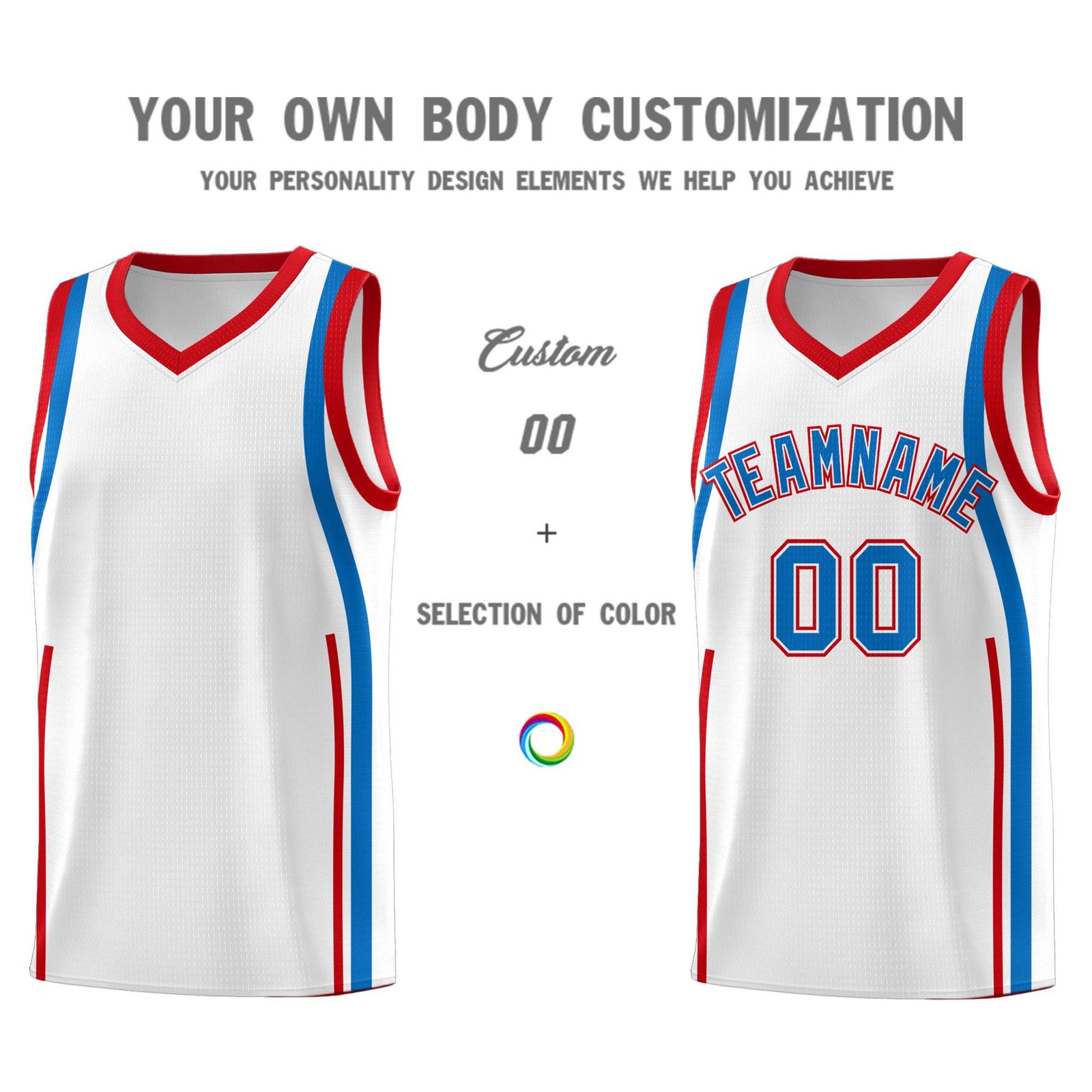 Custom White Royal-Red Ribbon Pattern Basketball Kits