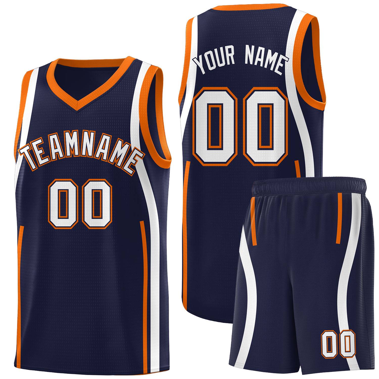 Custom Navy Orange-White Ribbon Pattern Basketball Kits