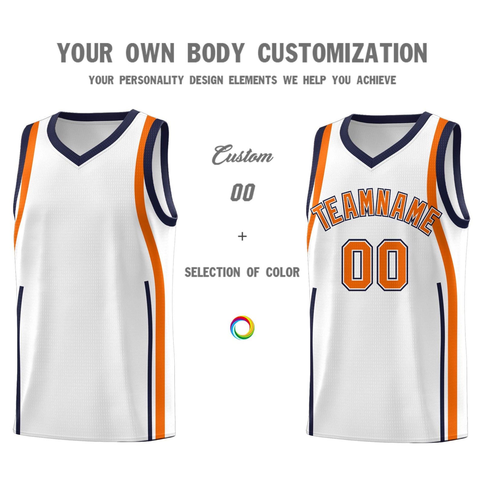 Custom White Navy-Orange Ribbon Pattern Basketball Kits