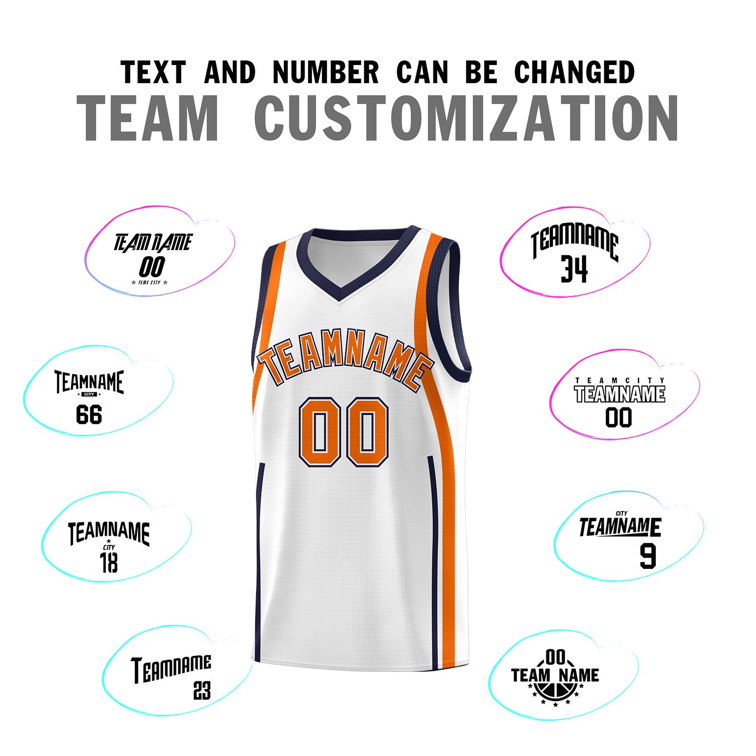 Custom White Navy-Orange Ribbon Pattern Basketball Kits