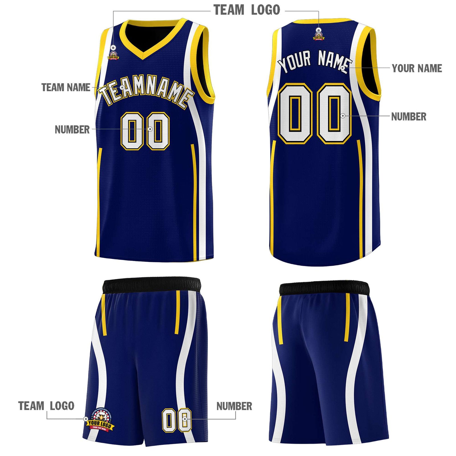 Custom Navy Gold-White Ribbon Pattern Basketball Kits