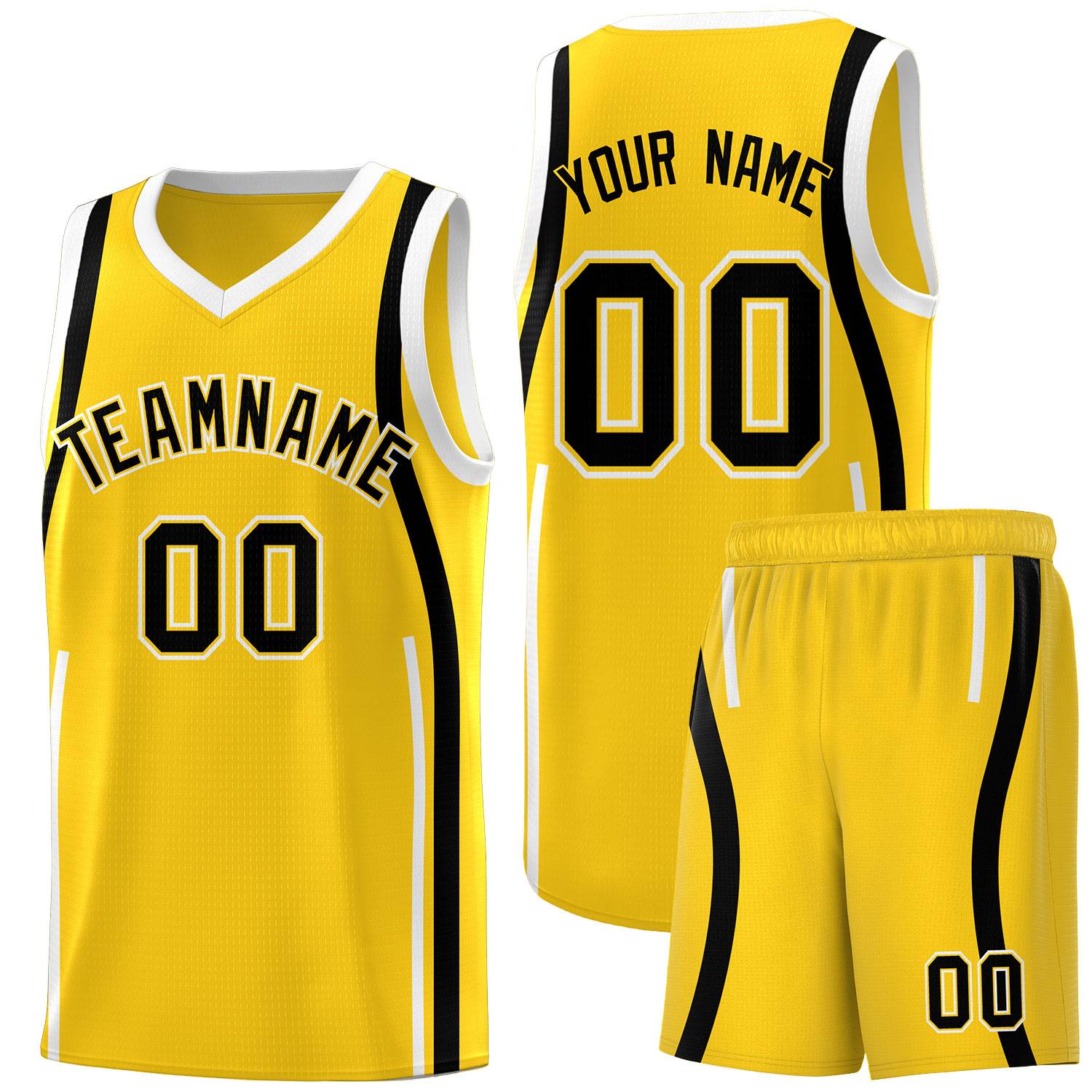 Custom Gold Black-White Ribbon Pattern Basketball Kits