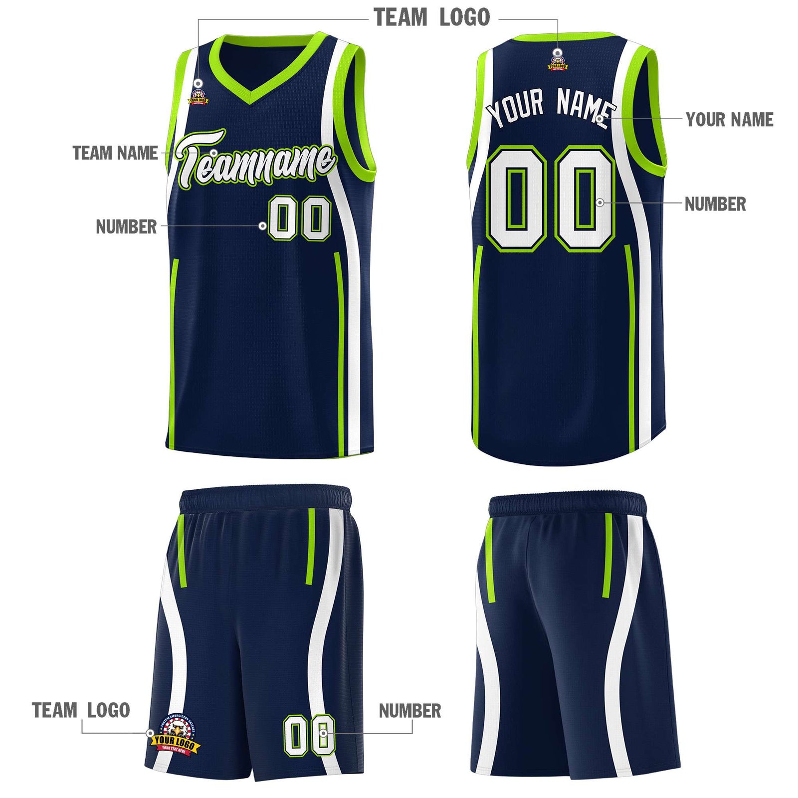 Custom Navy White-Fluorescent Green Ribbon Pattern Basketball Kits