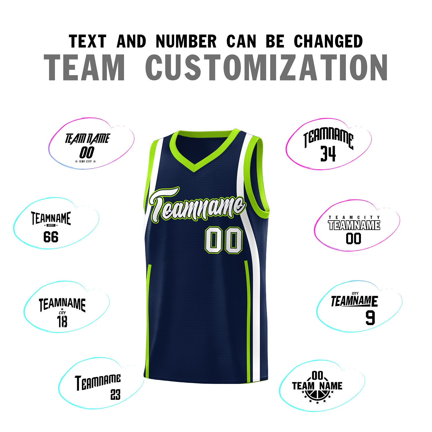 Custom Navy White-Fluorescent Green Ribbon Pattern Basketball Kits
