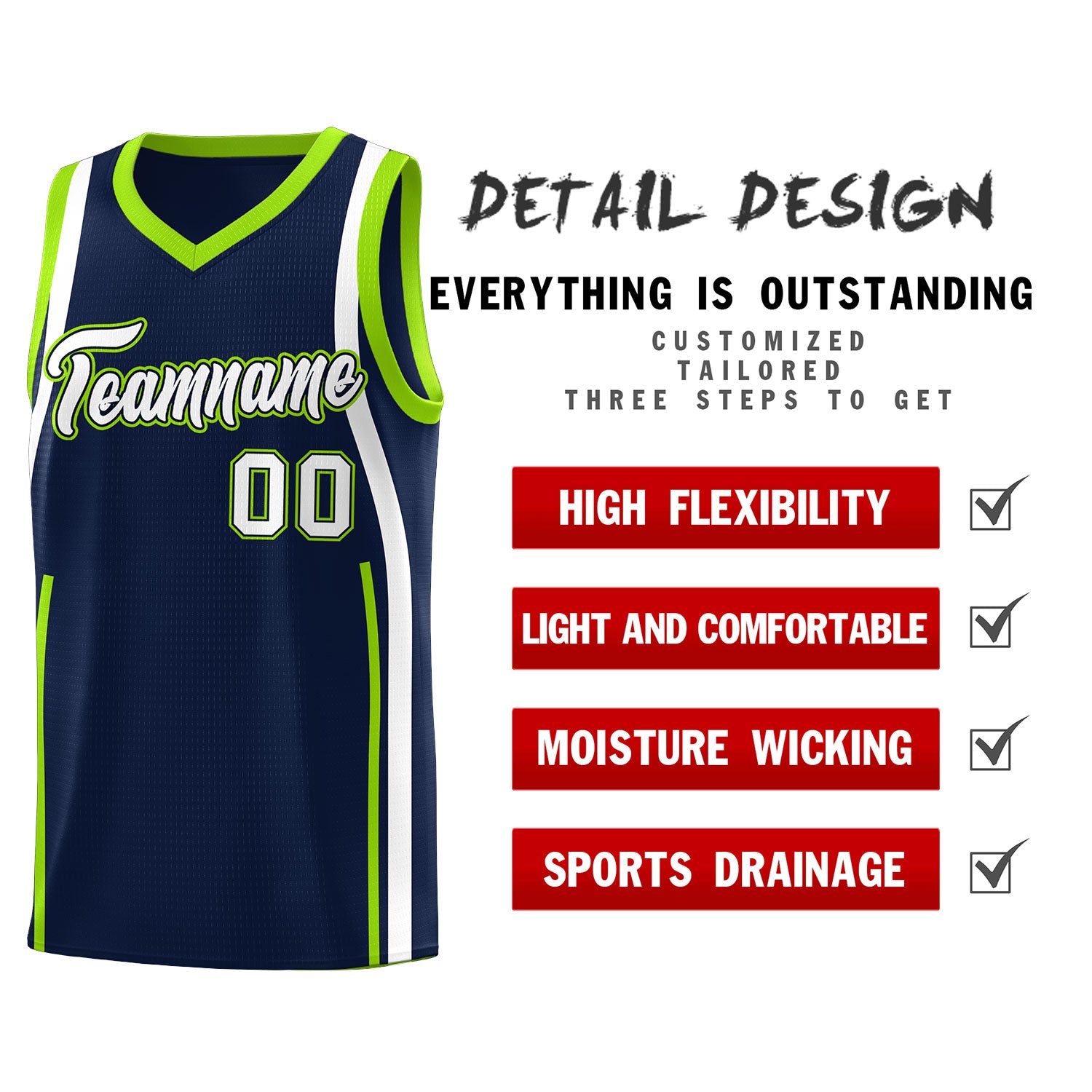 Custom Navy White-Fluorescent Green Ribbon Pattern Basketball Kits