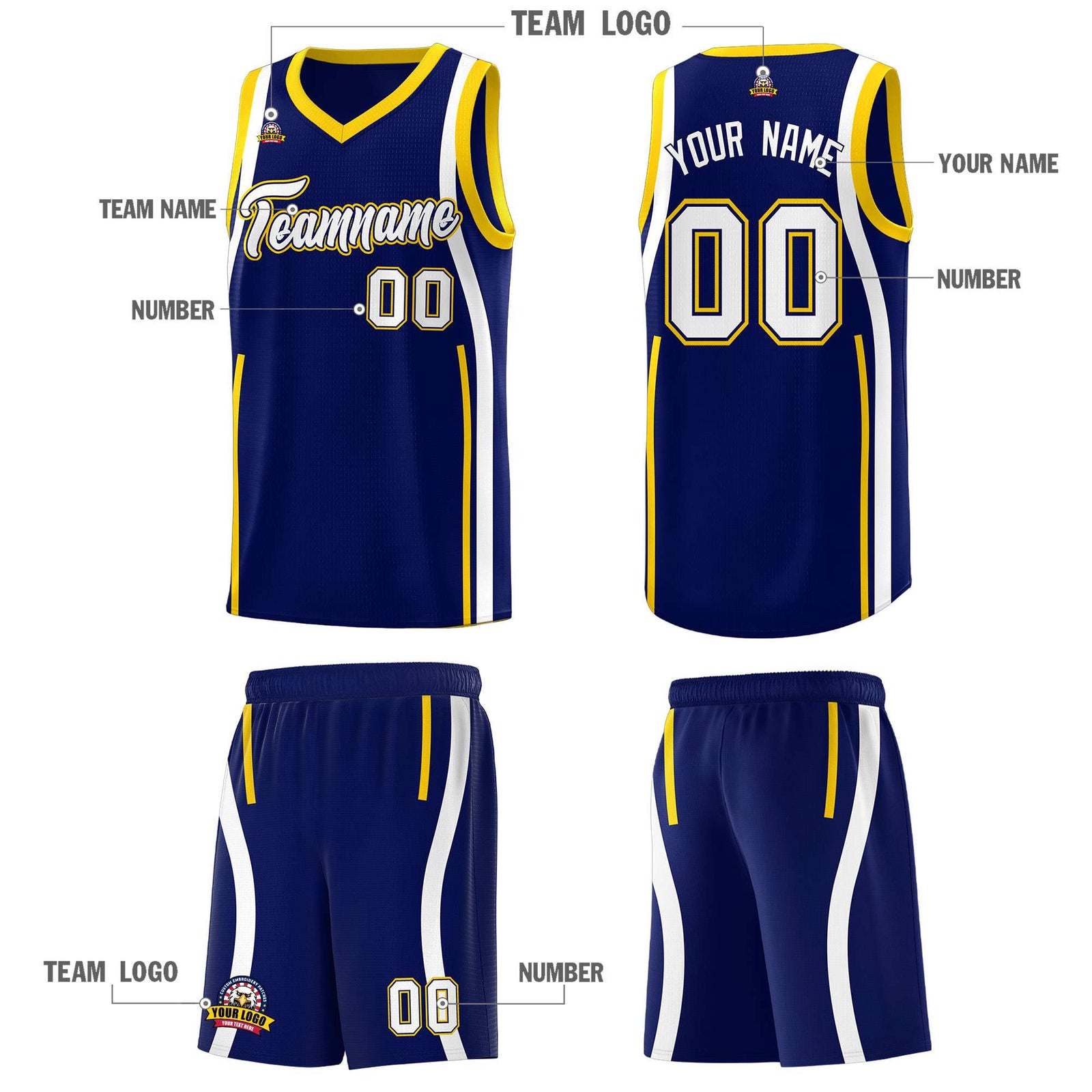 Custom Navy Gold-White Ribbon Pattern Basketball Kits