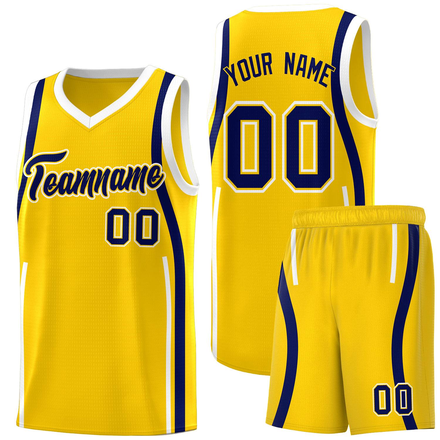 Custom Gold Navy-White Ribbon Pattern Basketball Kits