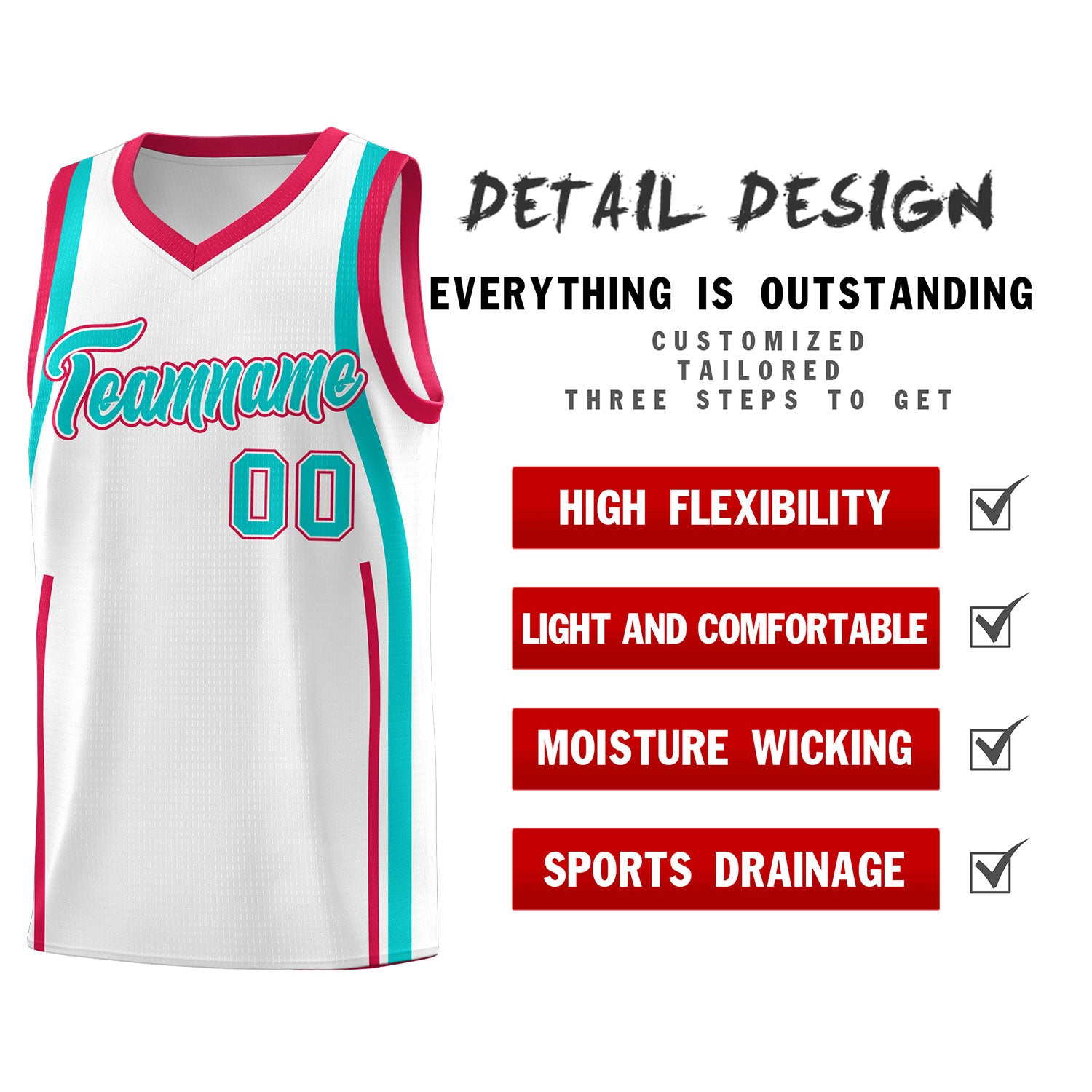 Custom White Aqua-Red Ribbon Pattern Basketball Kits