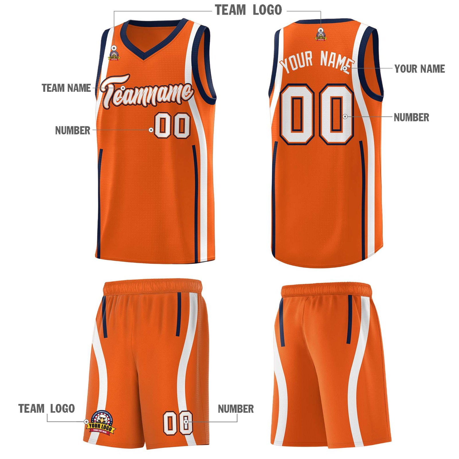 Custom Orange Navy-White Ribbon Pattern Basketball Kits