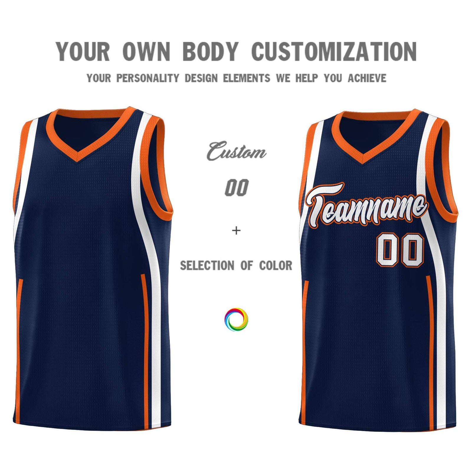 Custom Navy Orange-White Ribbon Pattern Basketball Kits
