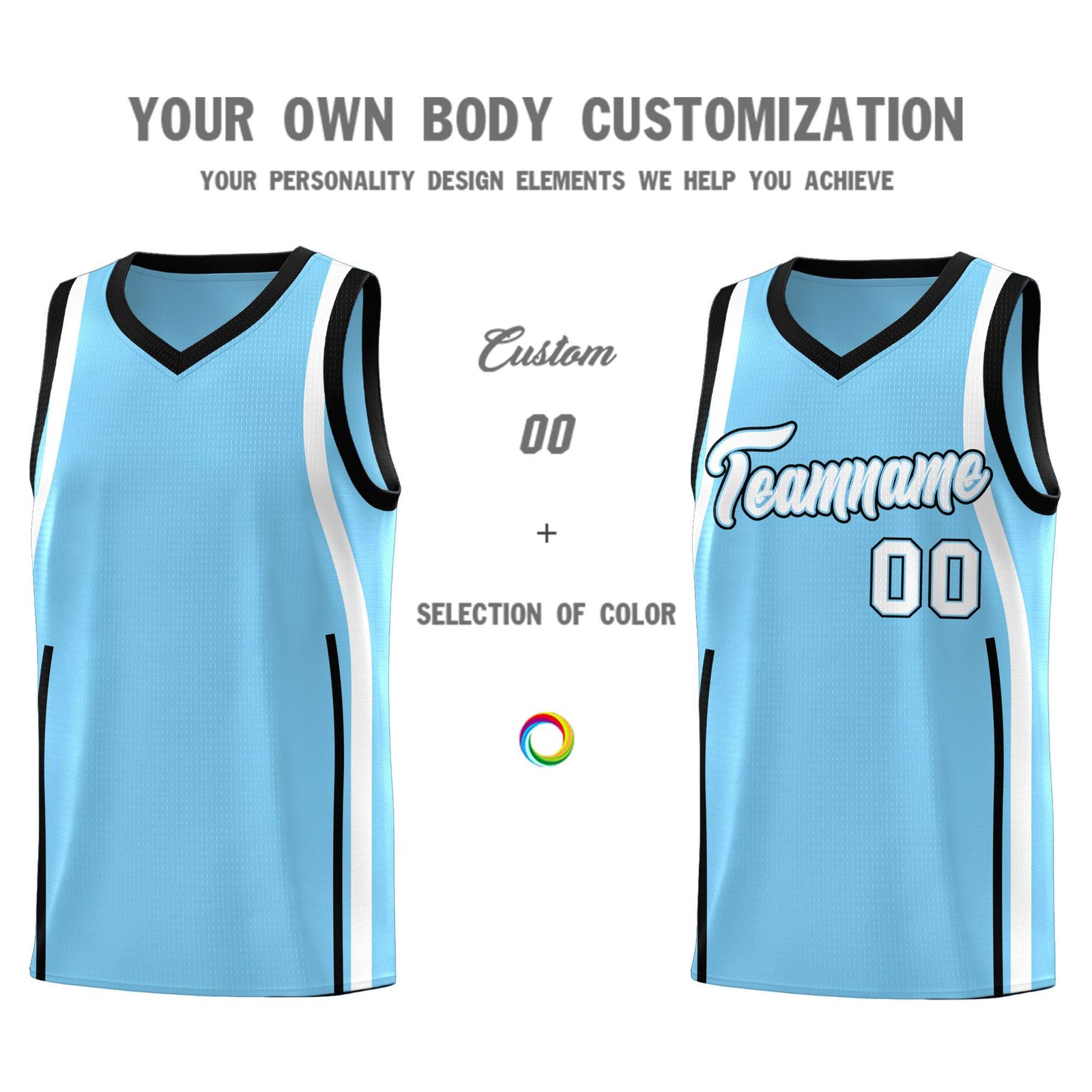 Custom Light Blue Black-White Ribbon Pattern Basketball Kits