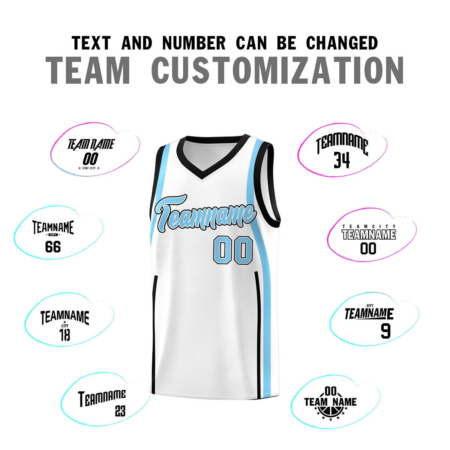 Custom White Light Blue-Black Ribbon Pattern Basketball Kits