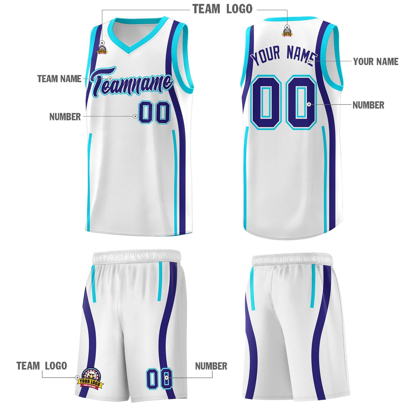 Custom White Sky Blue-Royal Ribbon Pattern Basketball Kits