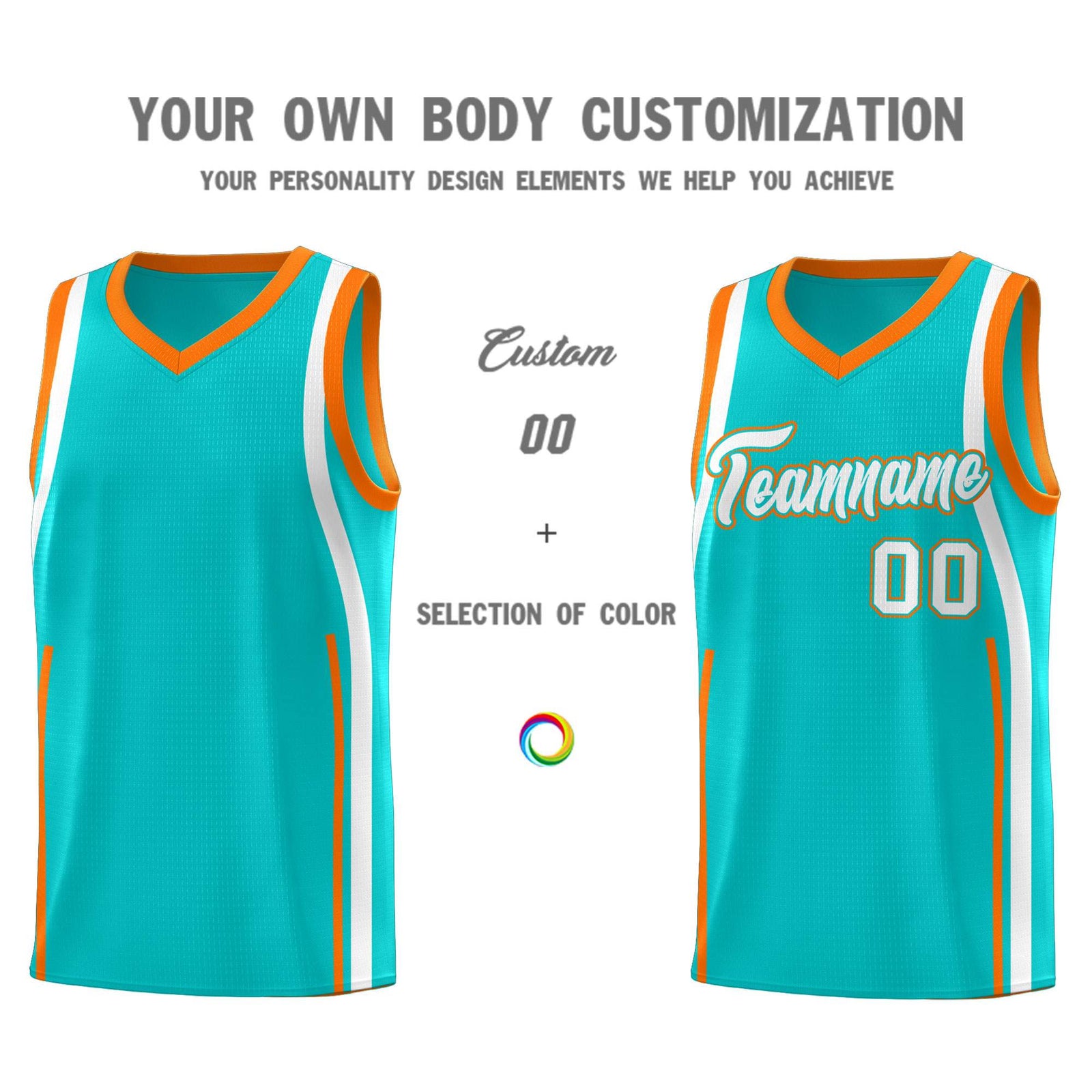 Custom Aqua Orange-White Ribbon Pattern Basketball Kits