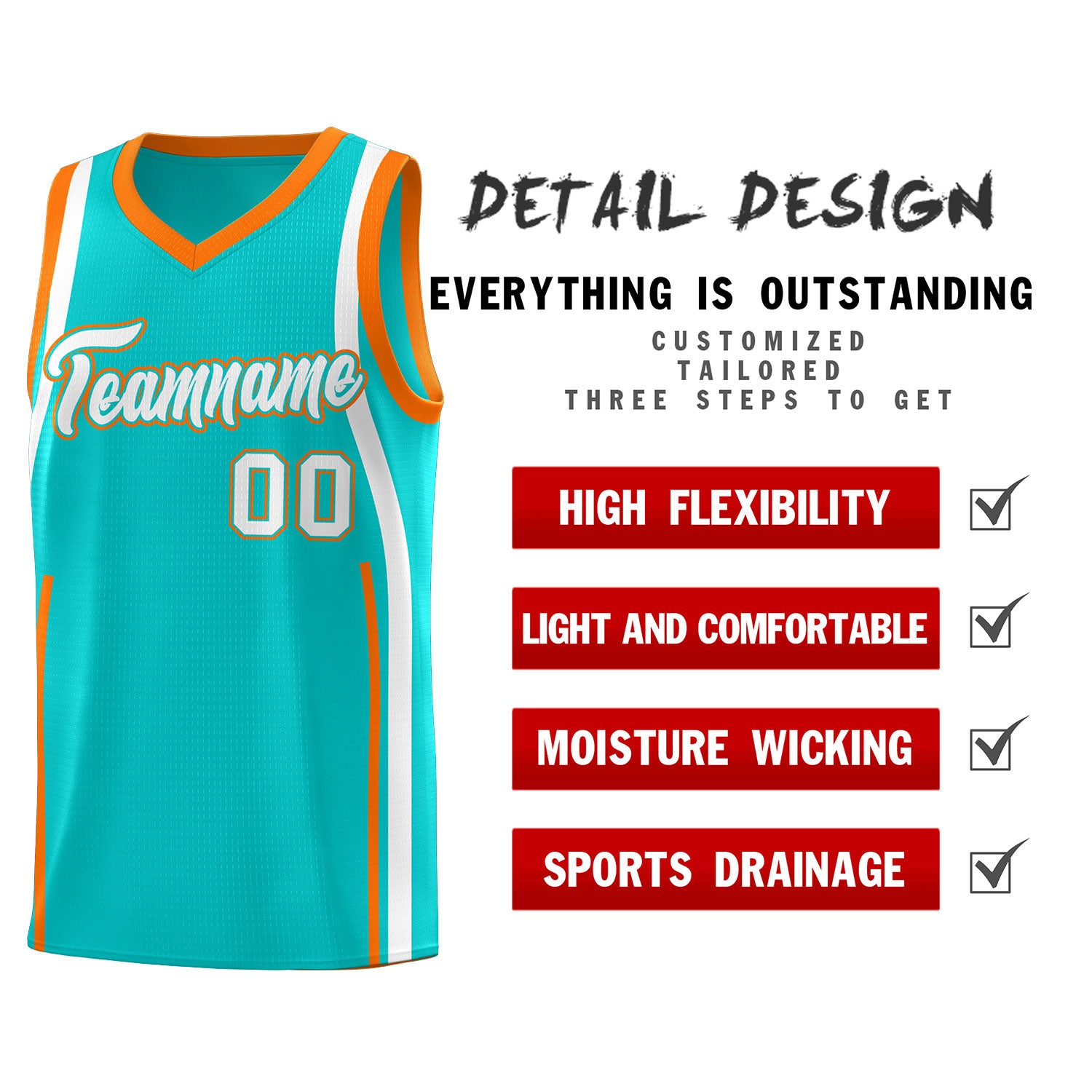 Custom Aqua Orange-White Ribbon Pattern Basketball Kits
