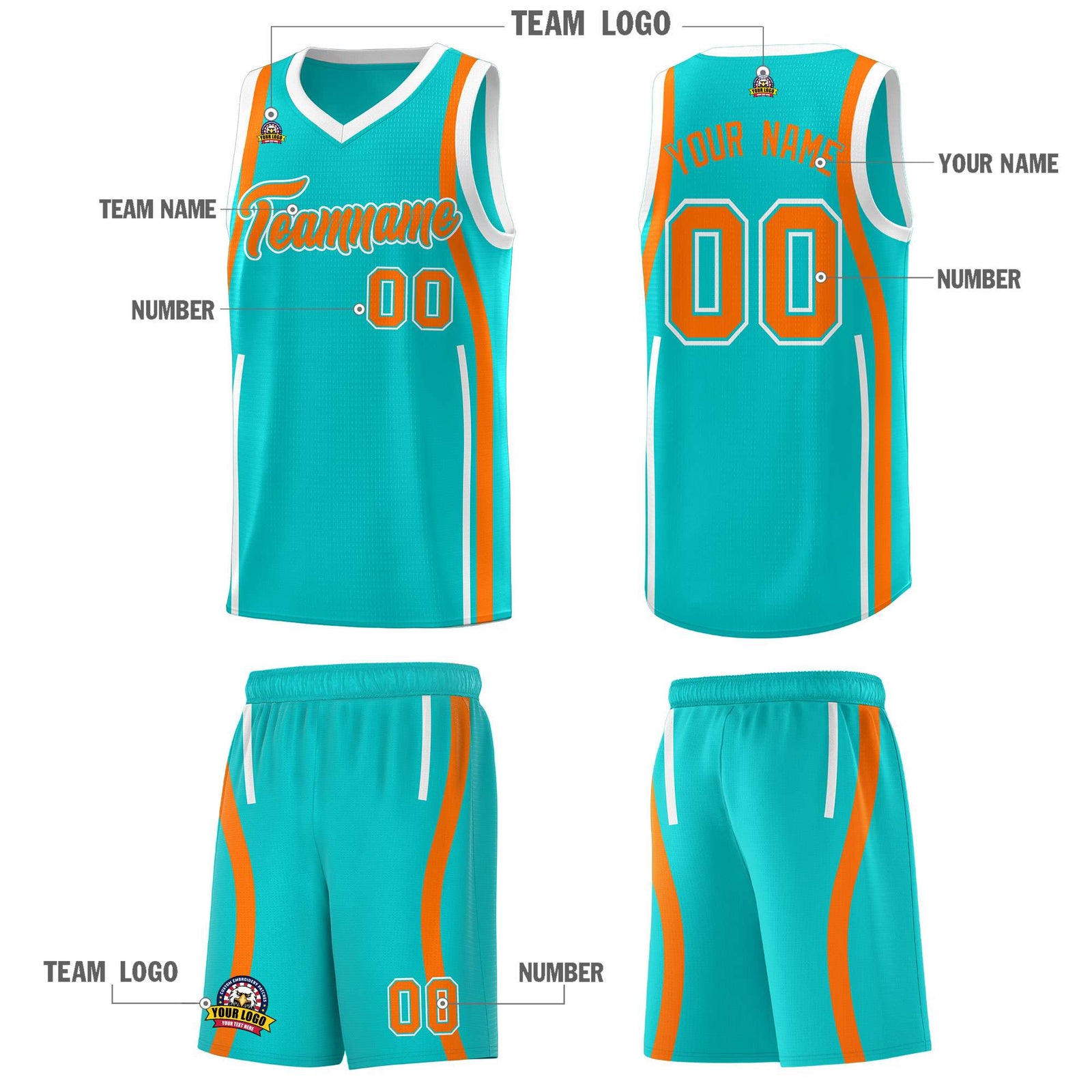 Custom Aqua Orange-White Ribbon Pattern Basketball Kits