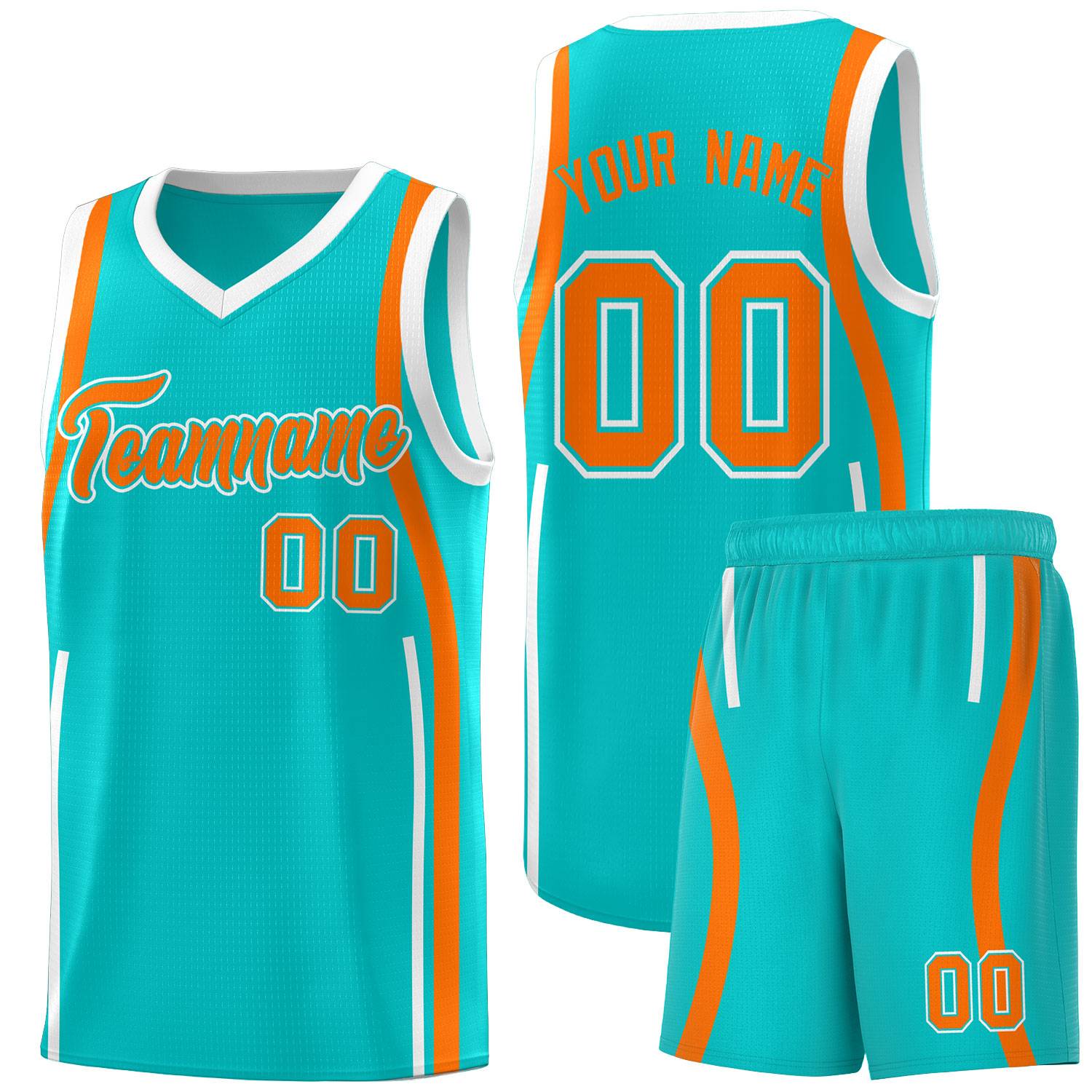 Custom Aqua Orange-White Ribbon Pattern Basketball Kits