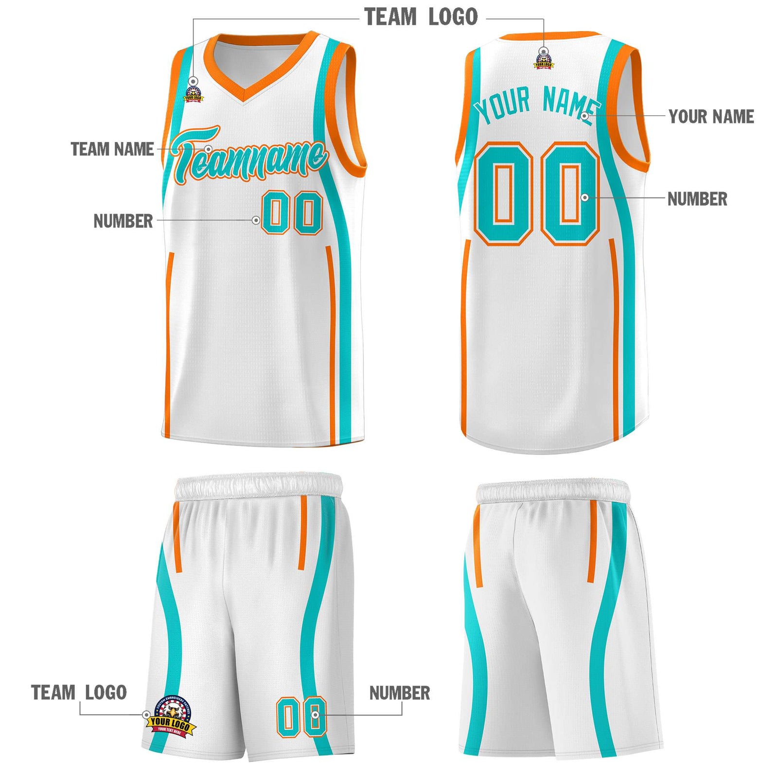 Custom White Aqua-Orange Ribbon Pattern Basketball Kits