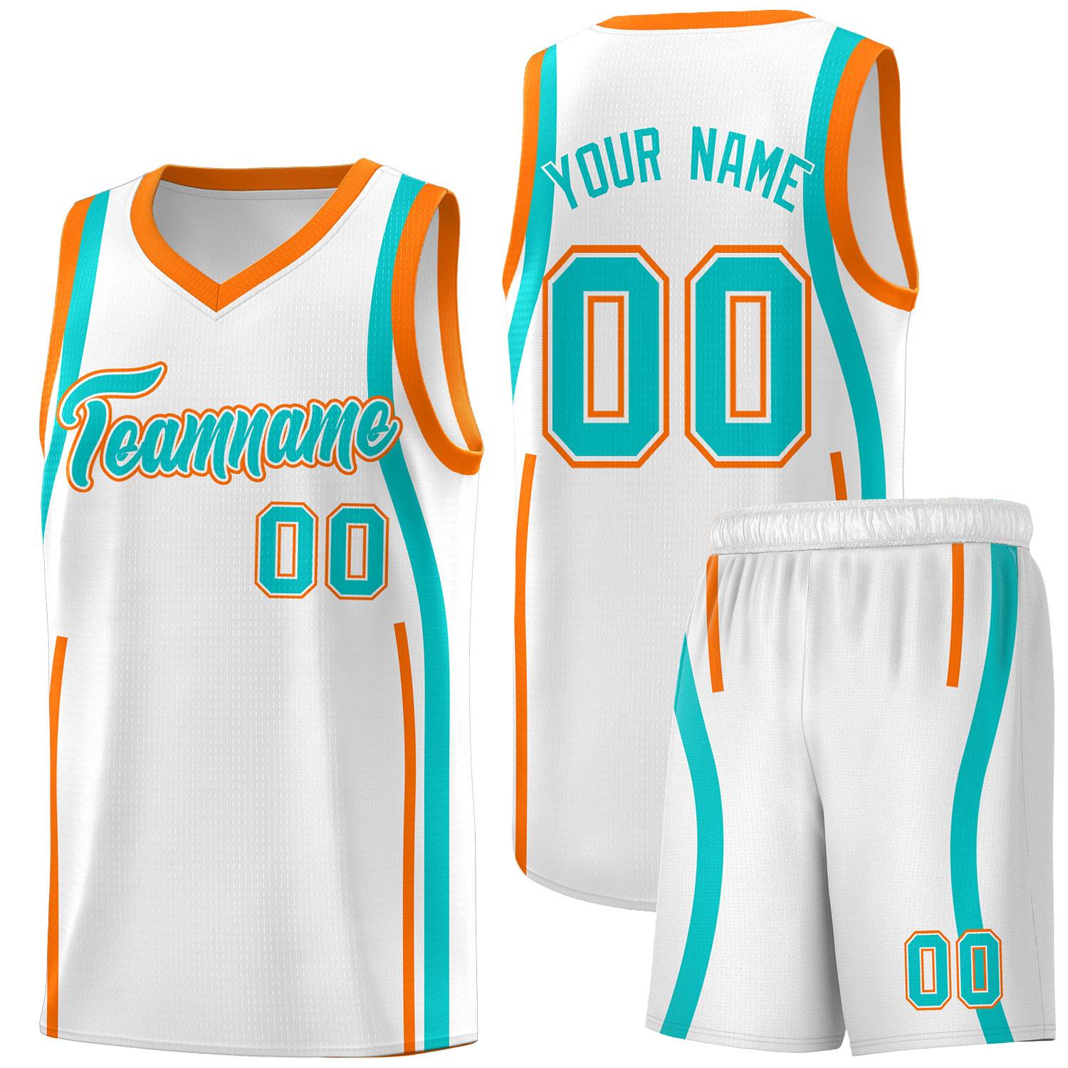Custom White Aqua-Orange Ribbon Pattern Basketball Kits
