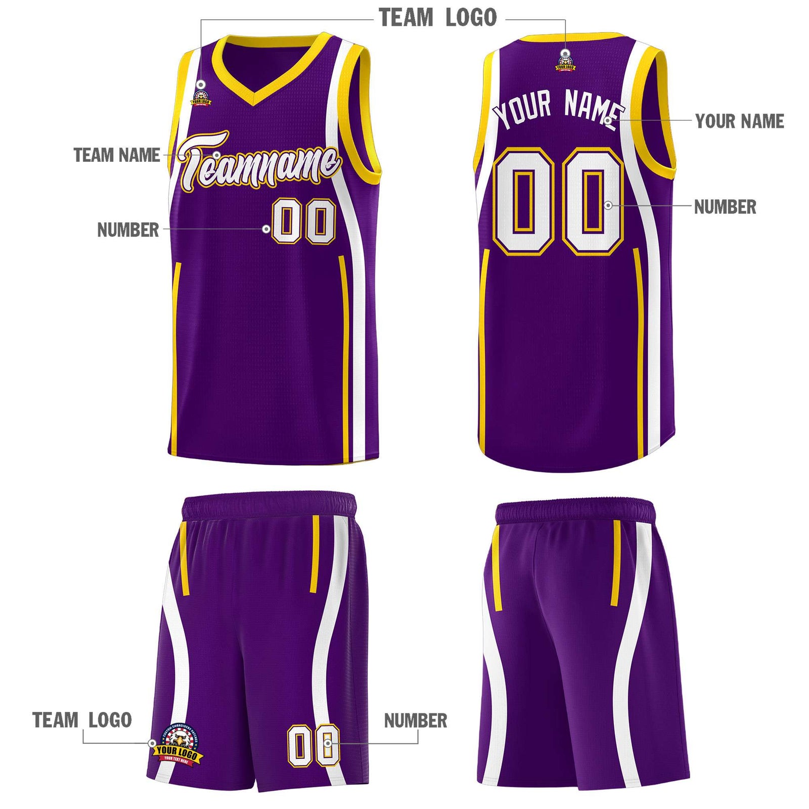 Custom Purple White-Gold Ribbon Pattern Basketball Kits