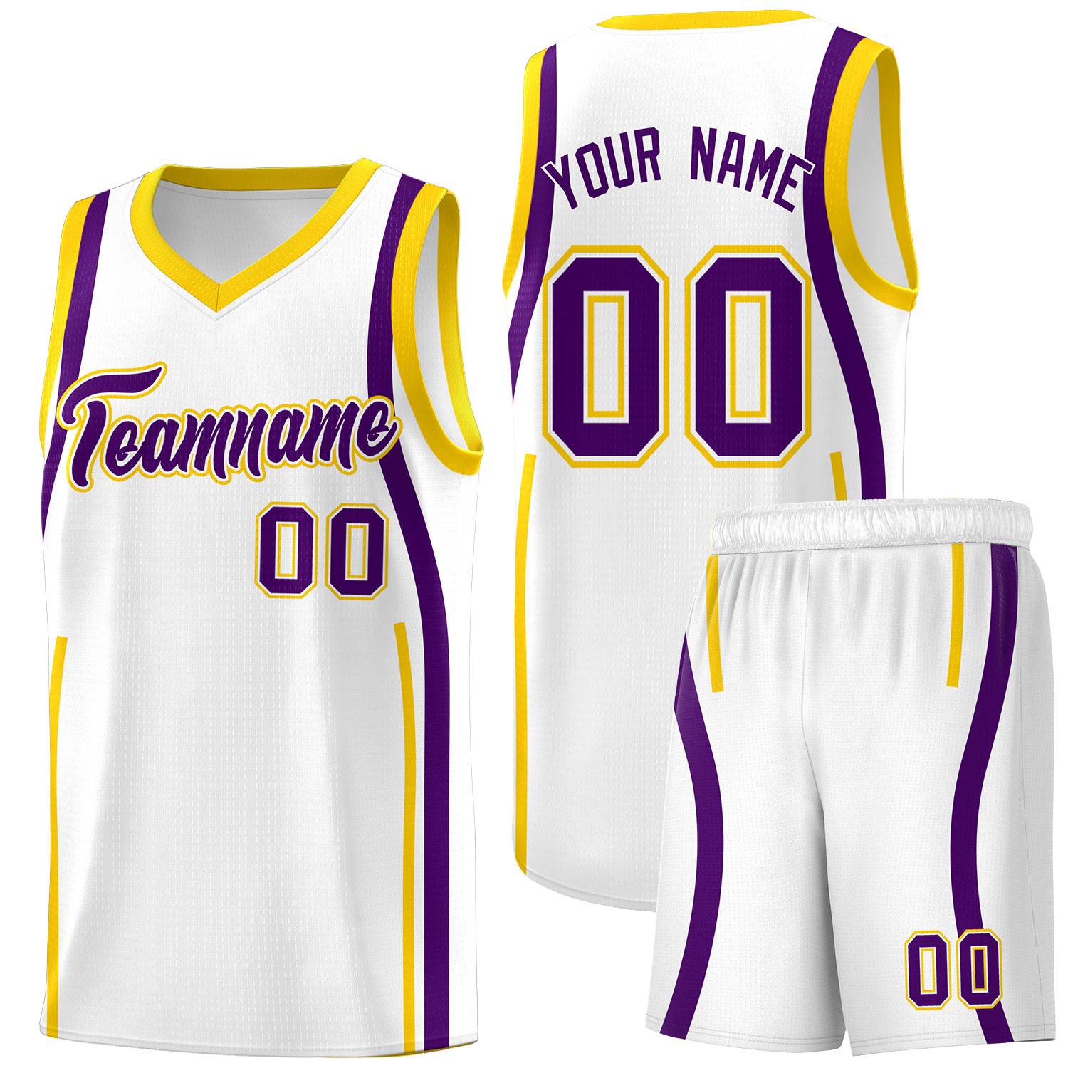 Custom White Purple-Gold Ribbon Pattern Basketball Kits