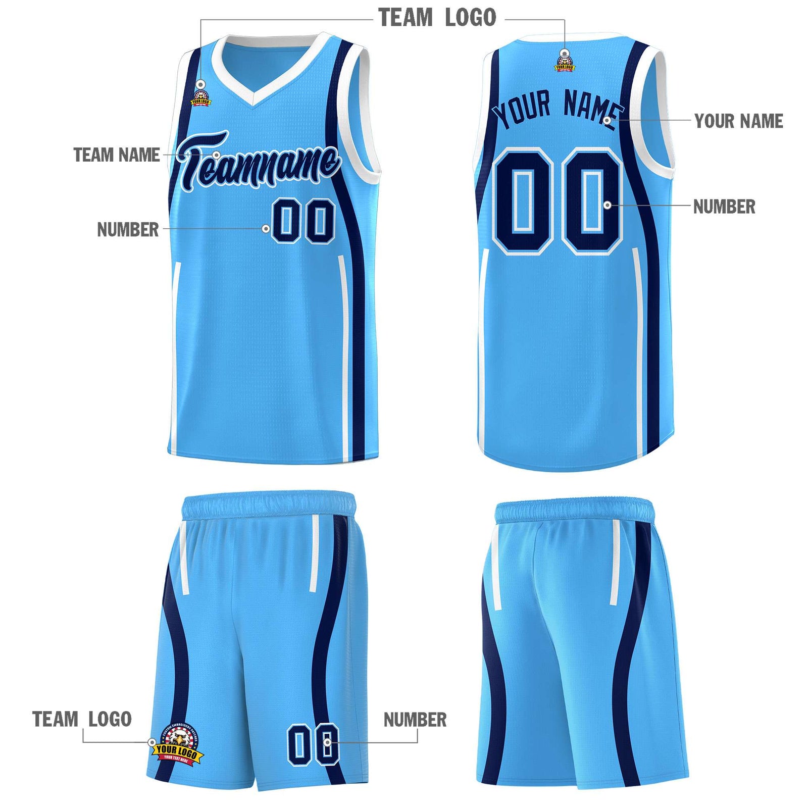 Custom Powder Blue Navy-White Ribbon Pattern Basketball Kits