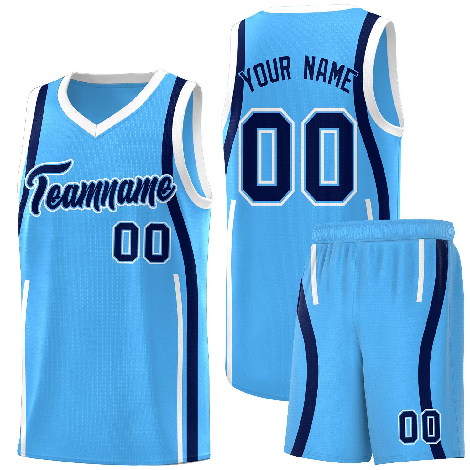 Custom Powder Blue Navy-White Ribbon Pattern Basketball Kits