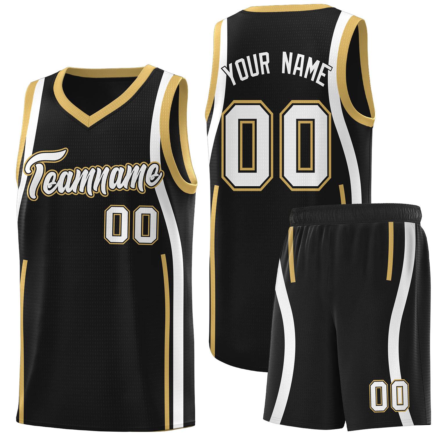 Custom Black Old Gold-White Ribbon Pattern Basketball Kits