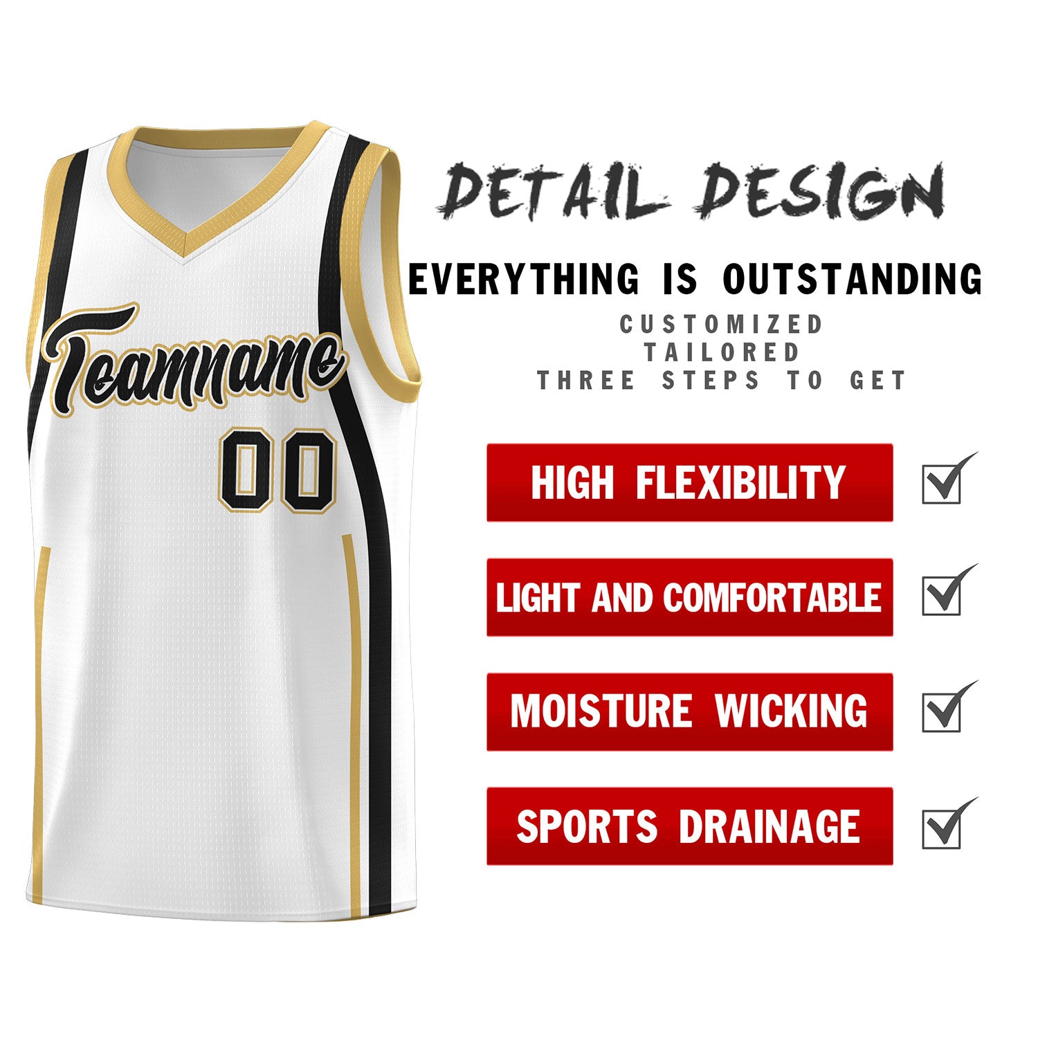 Custom White Black-White Ribbon Pattern Basketball Kits