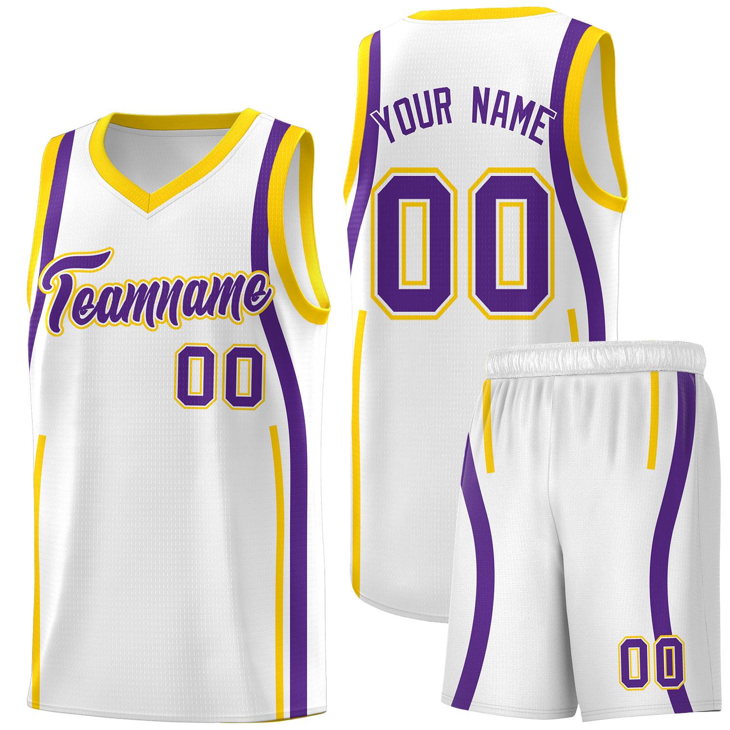 Custom White Gold-Purple Ribbon Pattern Basketball Kits