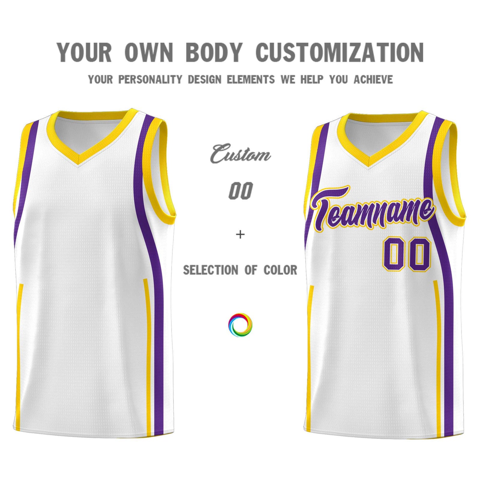 Custom White Gold-Purple Ribbon Pattern Basketball Kits