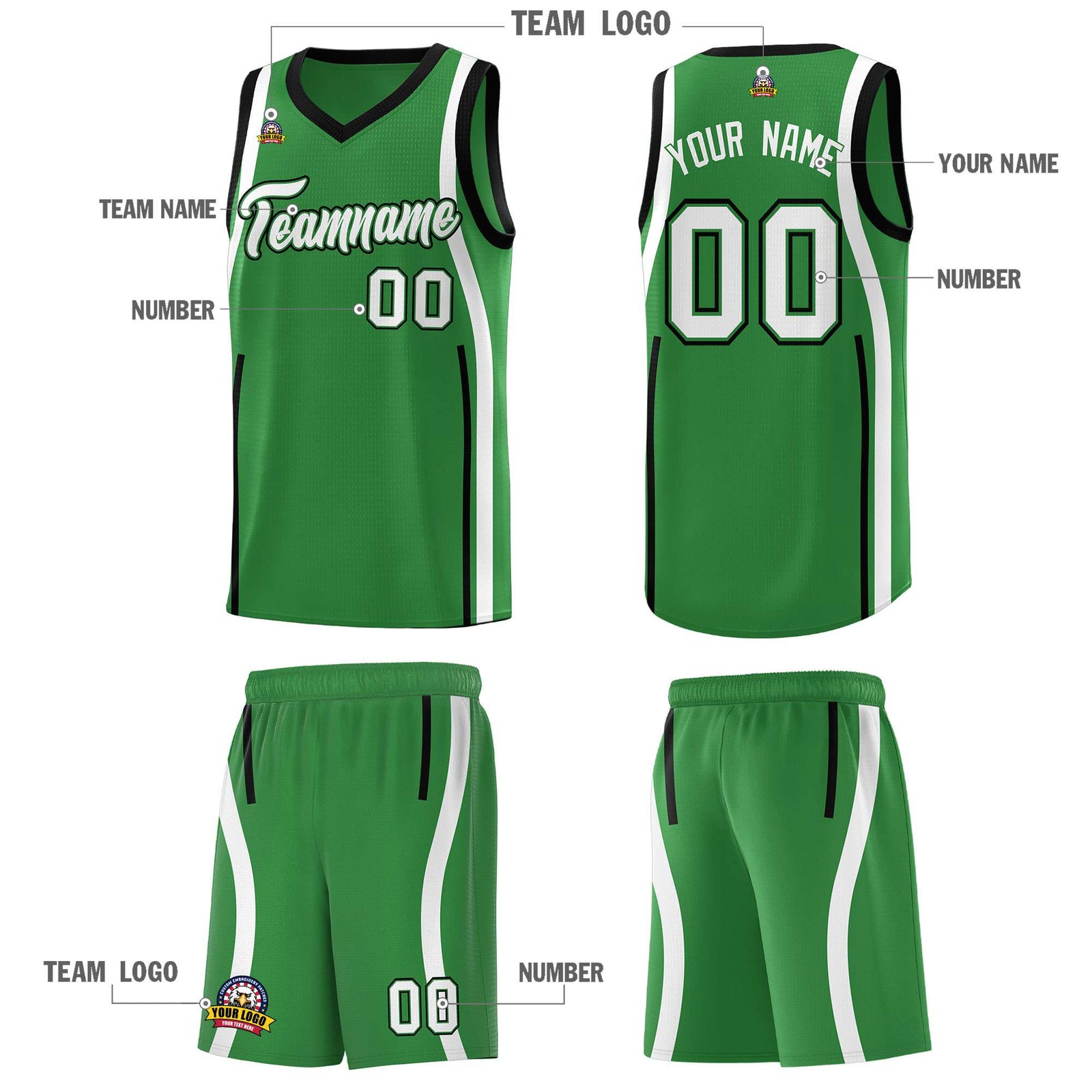 Custom Kelly Green Black-White Ribbon Pattern Basketball Kits