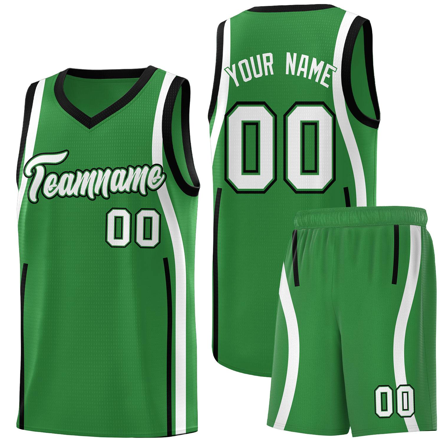 Custom Kelly Green Black-White Ribbon Pattern Basketball Kits